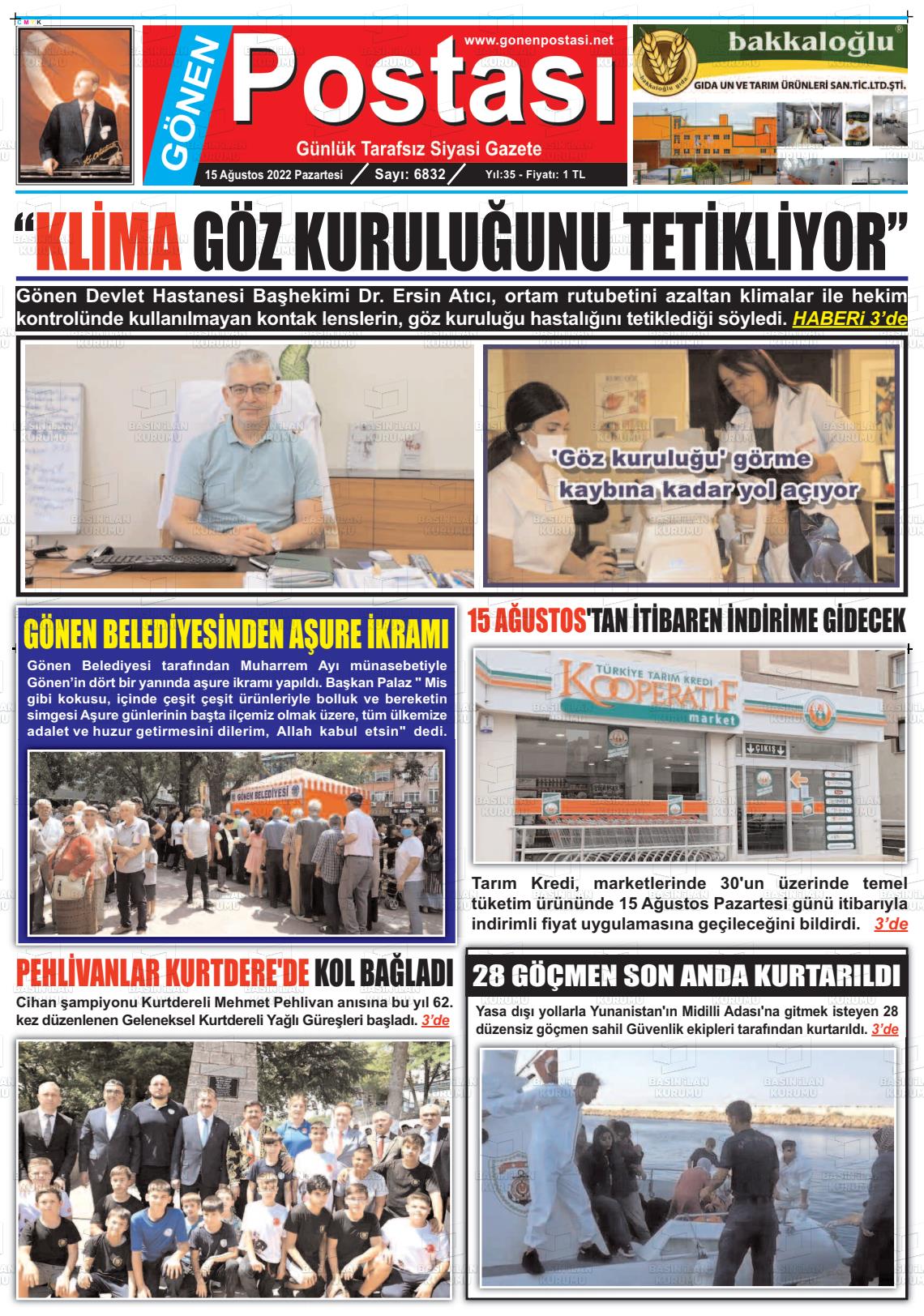 15 Ağustos 2022 Gönen Postası Gazete Manşeti