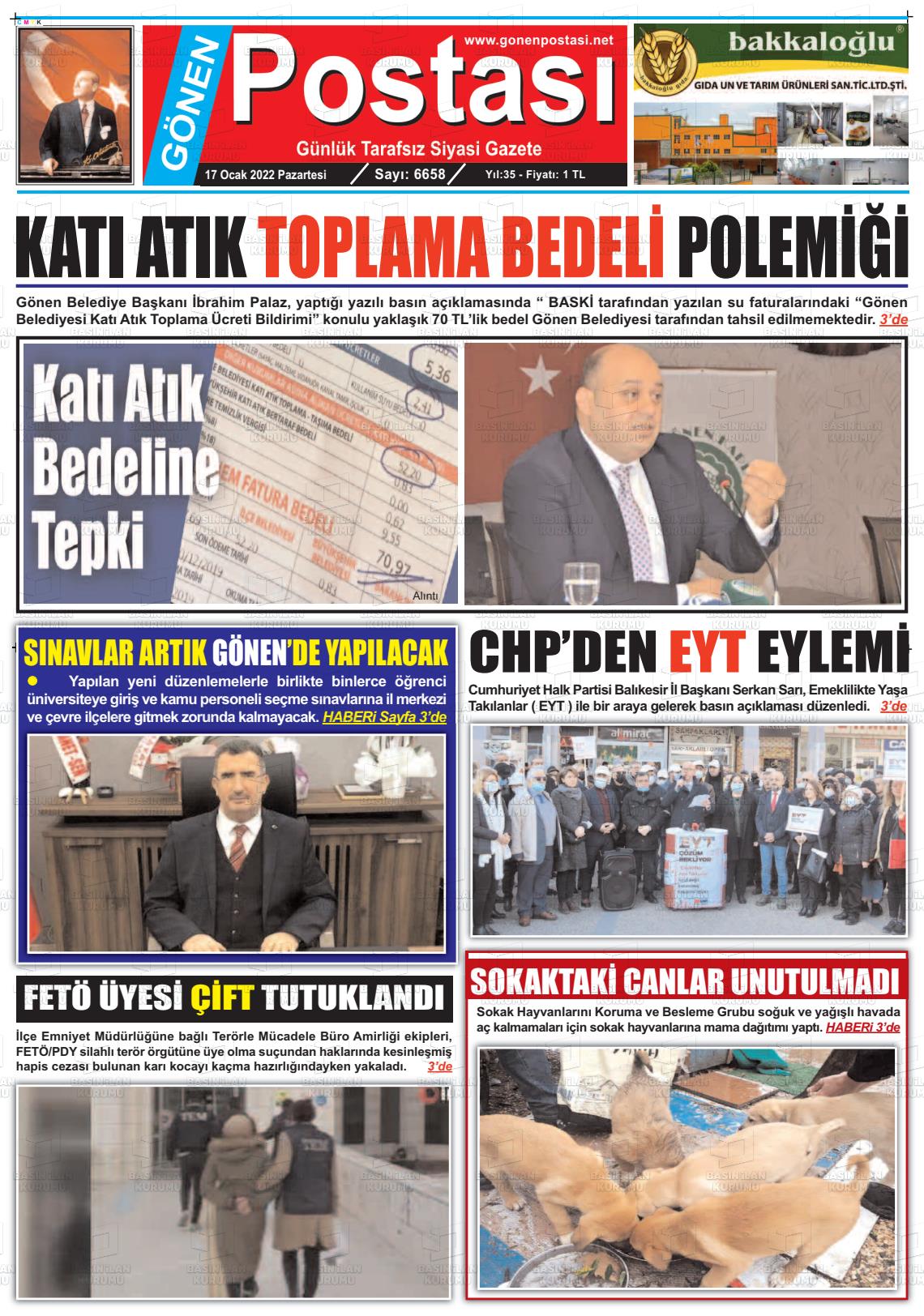 17 Ocak 2022 Gönen Postası Gazete Manşeti