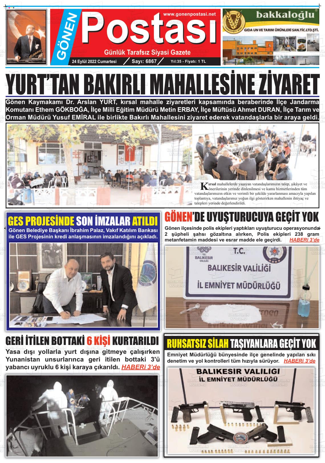 24 Eylül 2022 Gönen Postası Gazete Manşeti