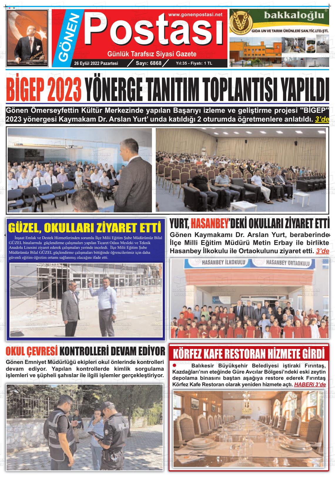 26 Eylül 2022 Gönen Postası Gazete Manşeti