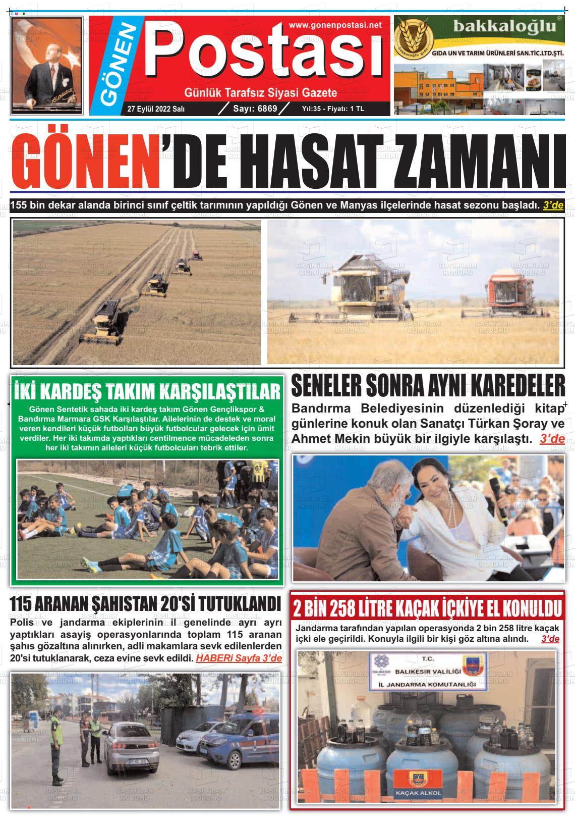 27 Eylül 2022 Gönen Postası Gazete Manşeti