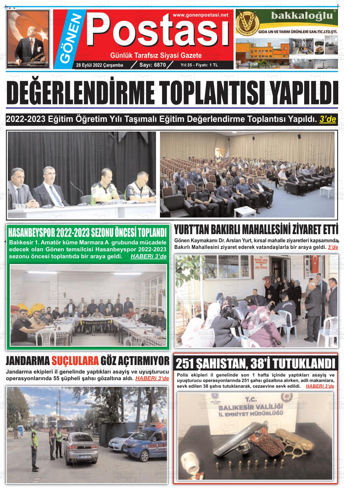 28 Eylül 2022 Gönen Postası Gazete Manşeti