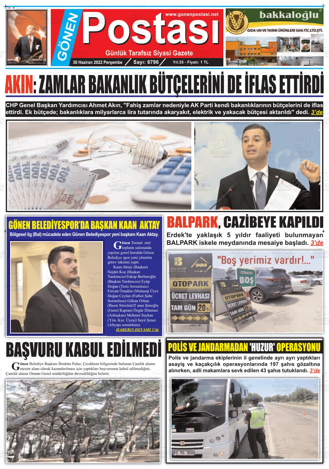 01 Temmuz 2022 Gönen Postası Gazete Manşeti