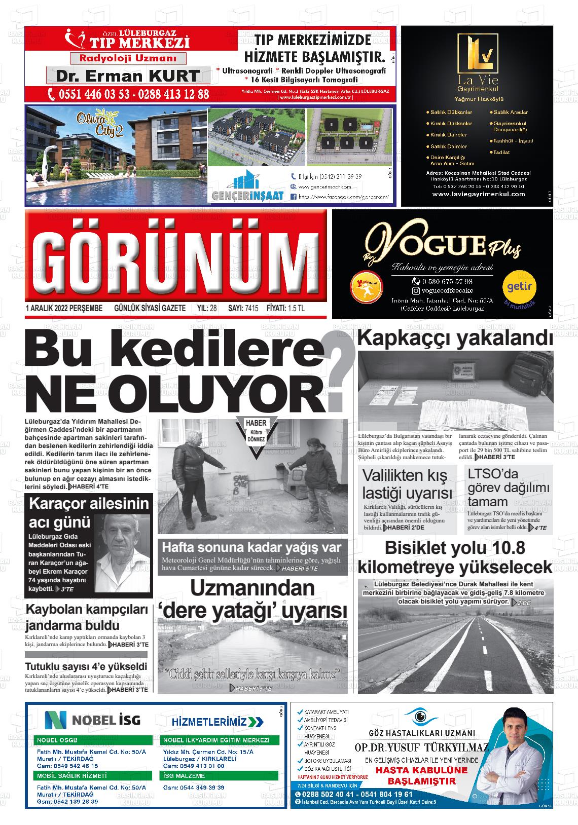 02 Aralık 2022 Lüleburgaz Görünüm Gazete Manşeti