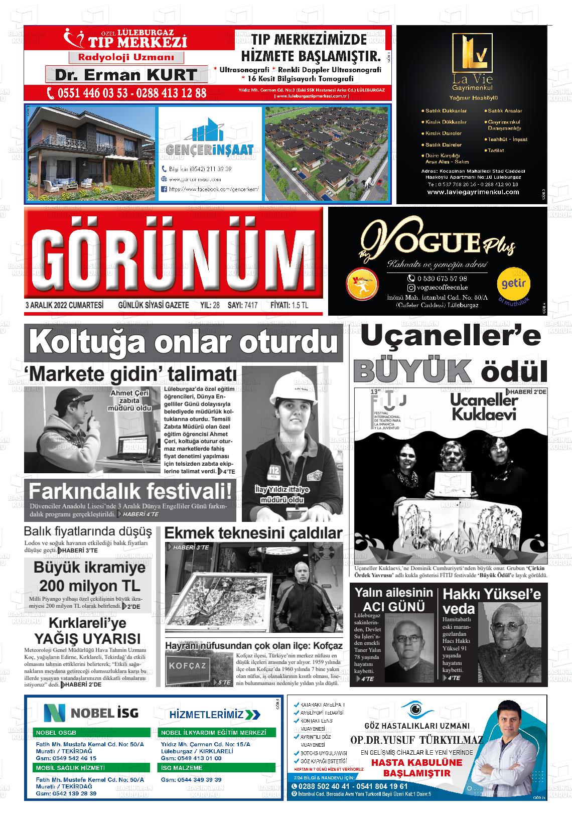 03 Aralık 2022 Lüleburgaz Görünüm Gazete Manşeti