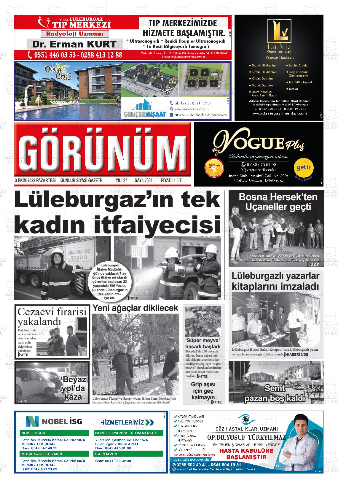 03 Ekim 2022 Lüleburgaz Görünüm Gazete Manşeti