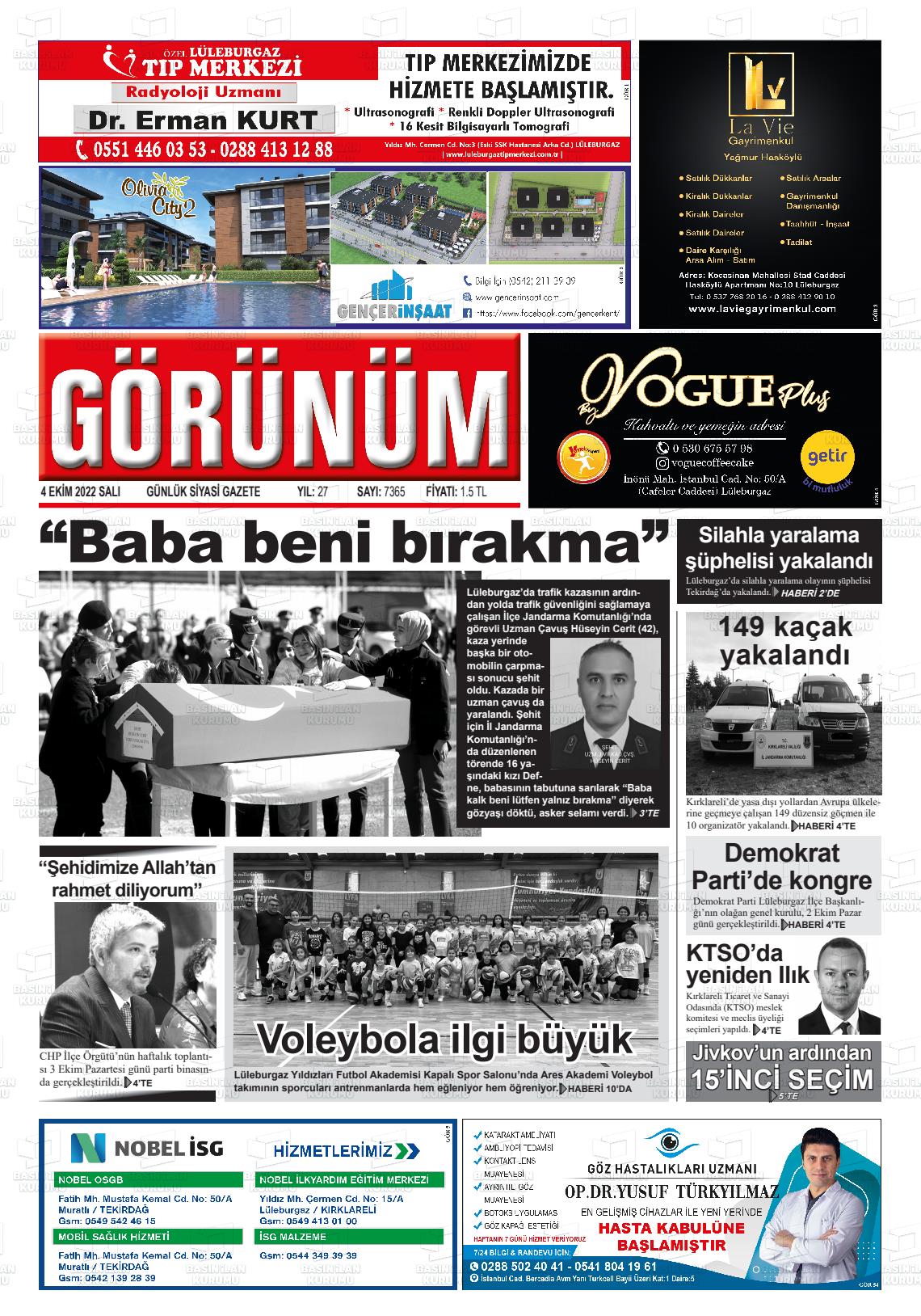 04 Ekim 2022 Lüleburgaz Görünüm Gazete Manşeti