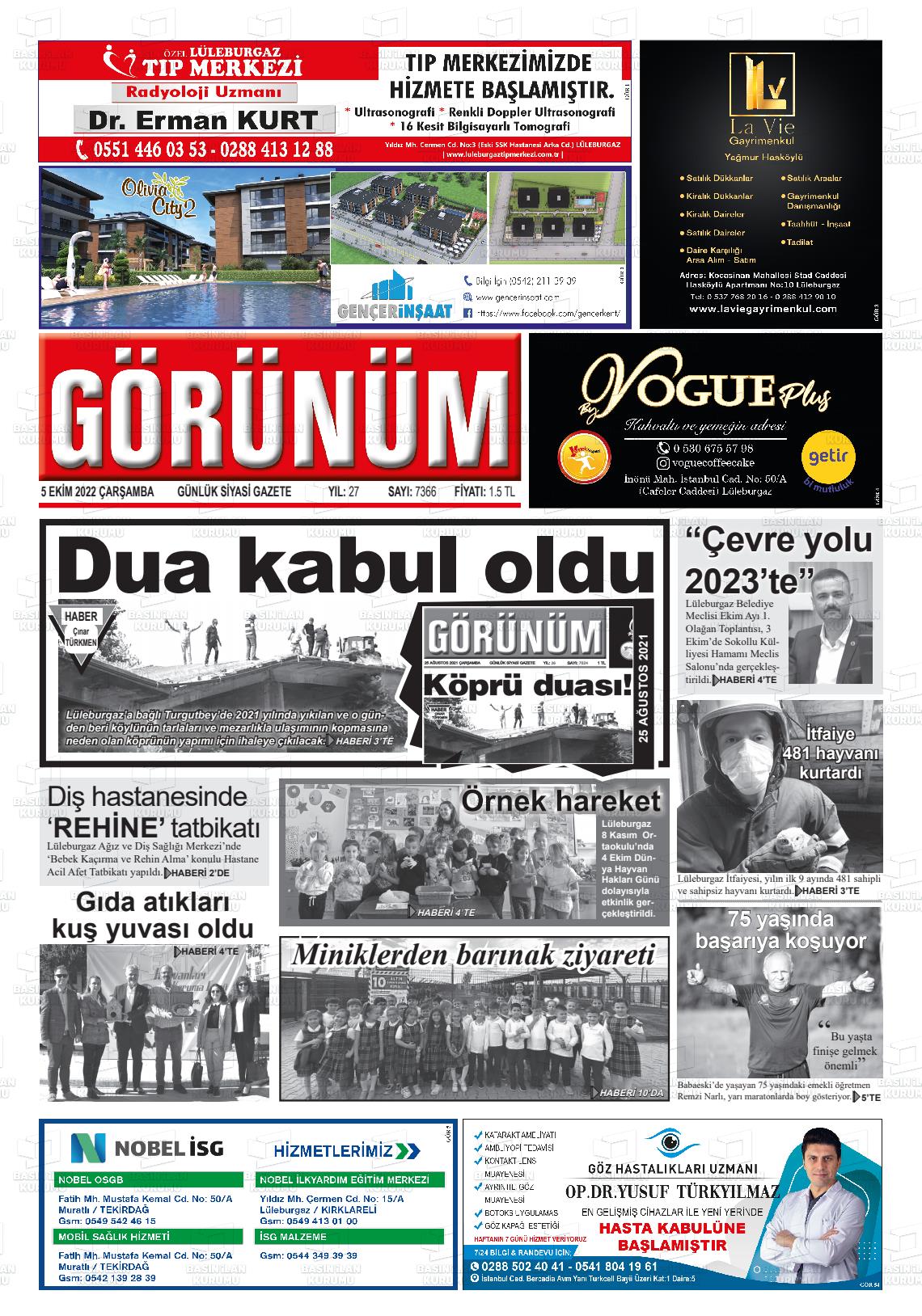 05 Ekim 2022 Lüleburgaz Görünüm Gazete Manşeti