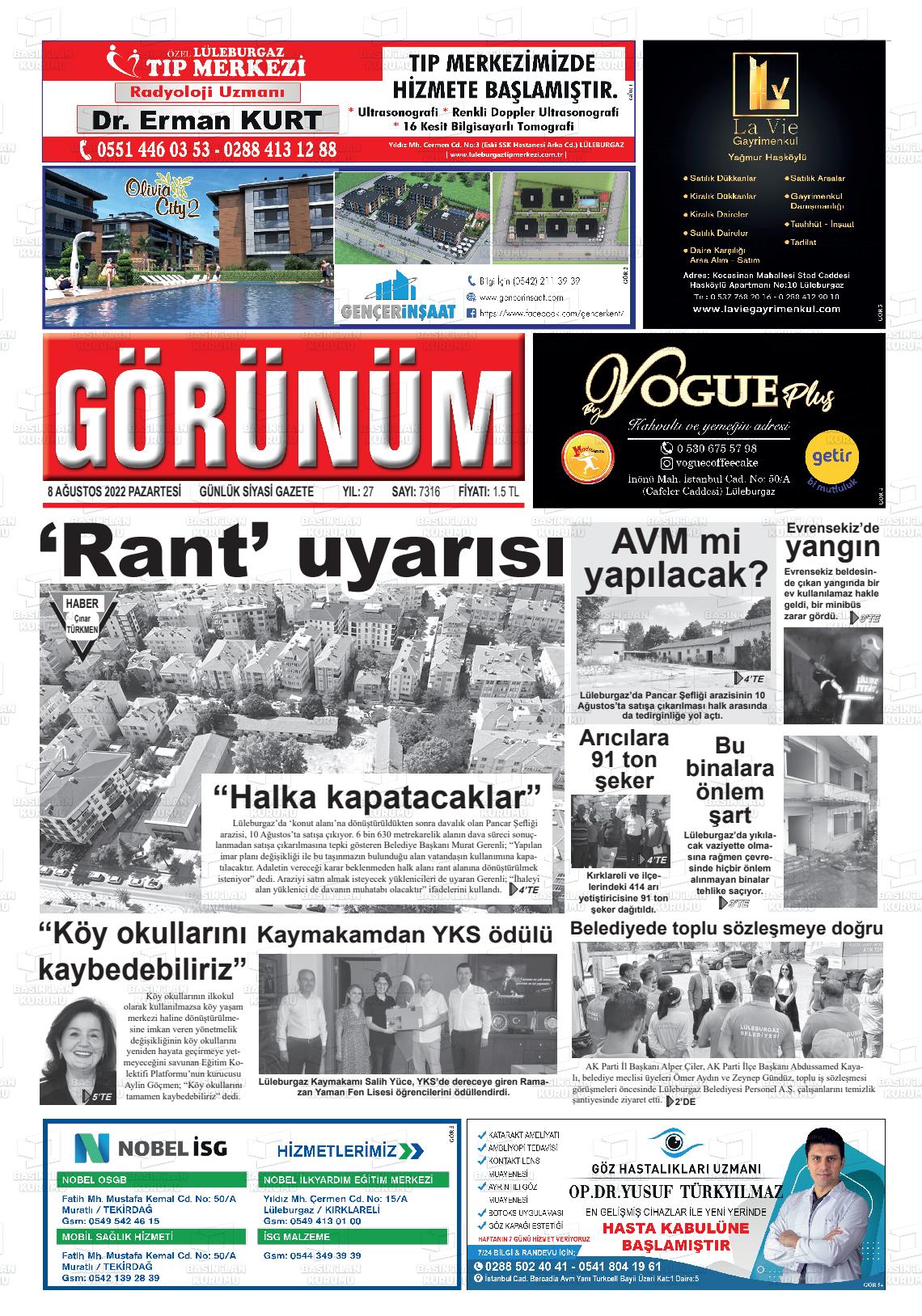 08 Ağustos 2022 Lüleburgaz Görünüm Gazete Manşeti
