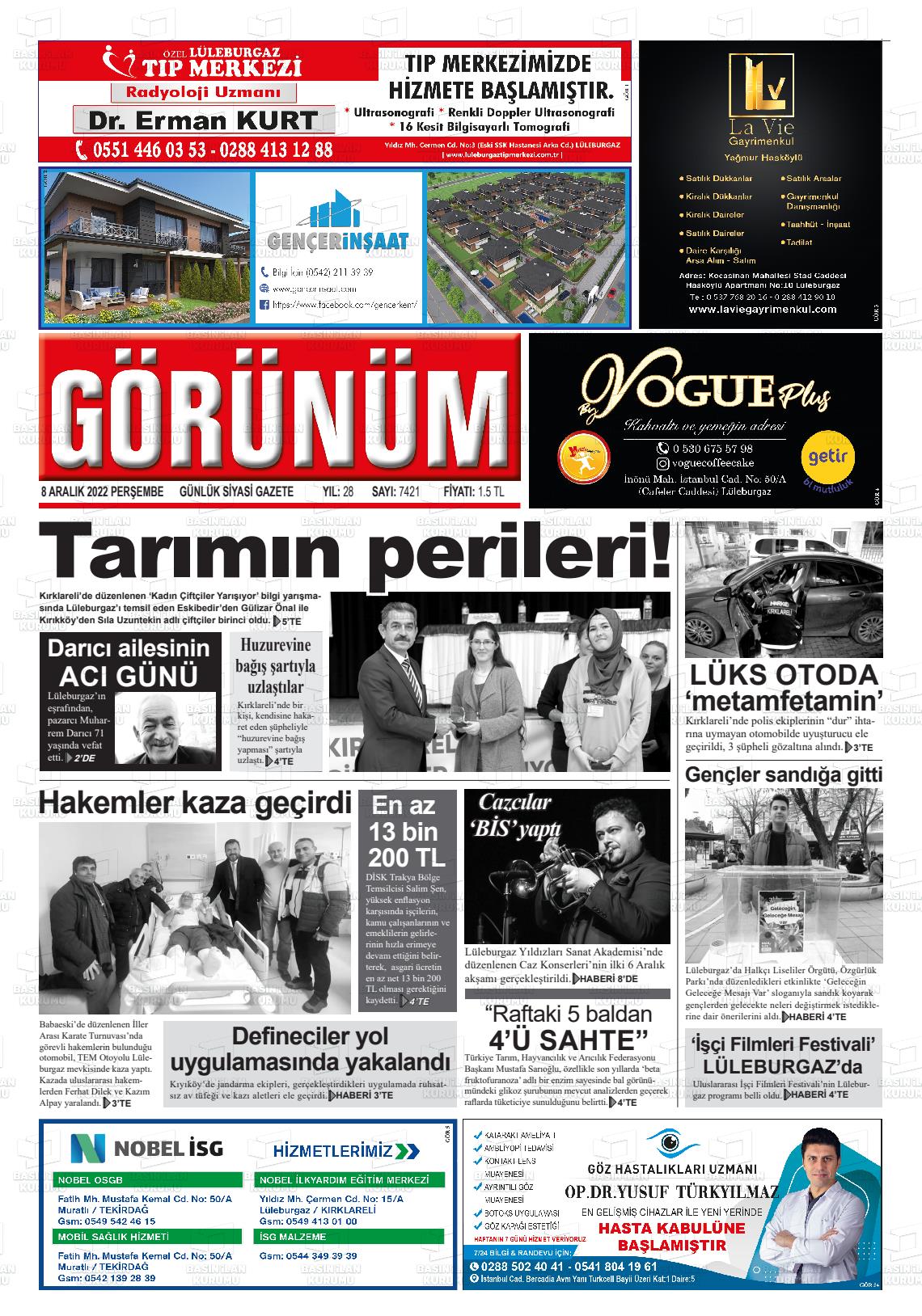 08 Aralık 2022 Lüleburgaz Görünüm Gazete Manşeti