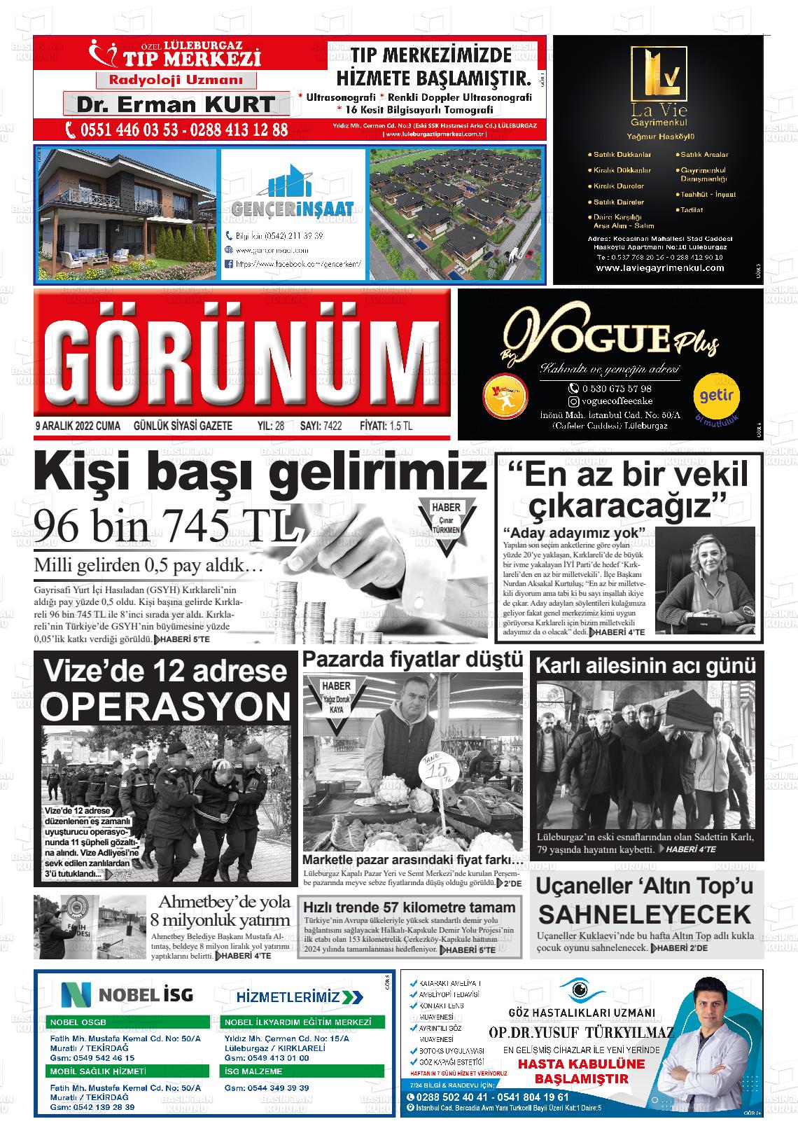 09 Aralık 2022 Lüleburgaz Görünüm Gazete Manşeti