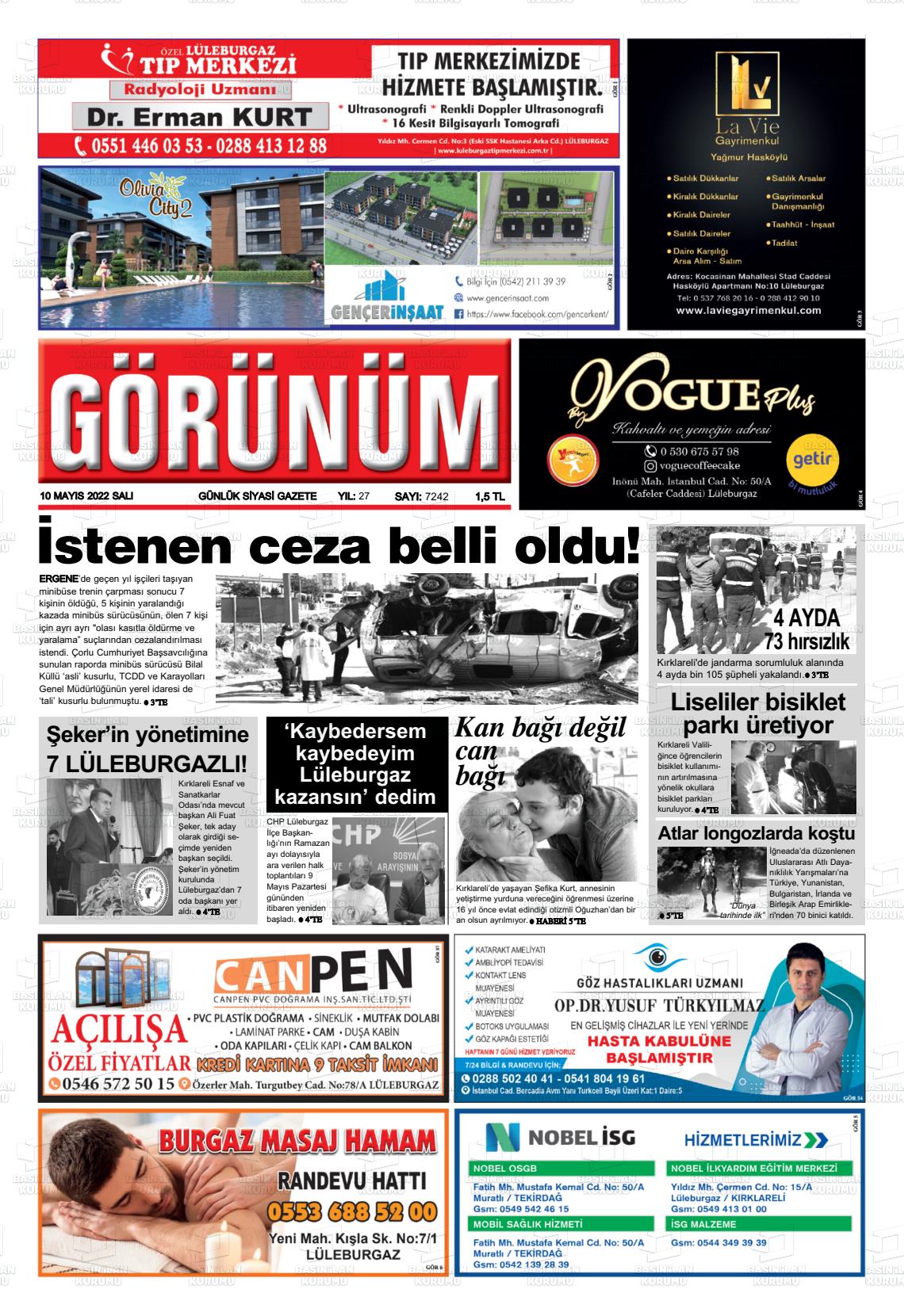 10 Mayıs 2022 Lüleburgaz Görünüm Gazete Manşeti
