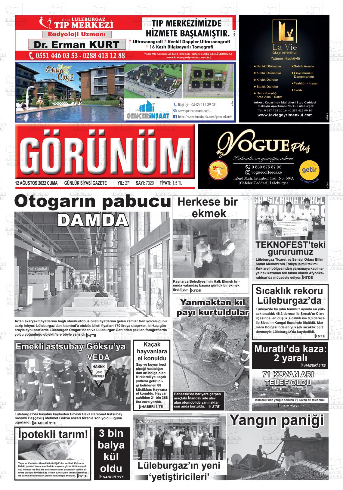 12 Ağustos 2022 Lüleburgaz Görünüm Gazete Manşeti