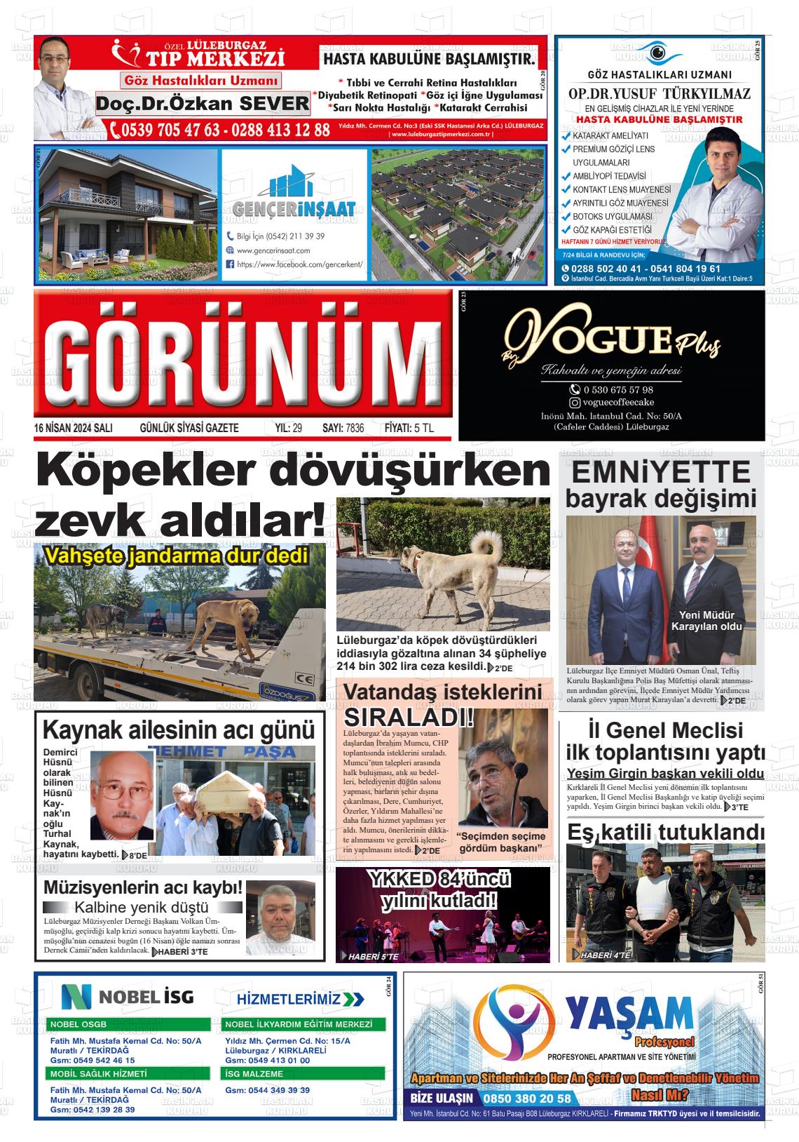 18 Nisan 2024 Lüleburgaz Görünüm Gazete Manşeti