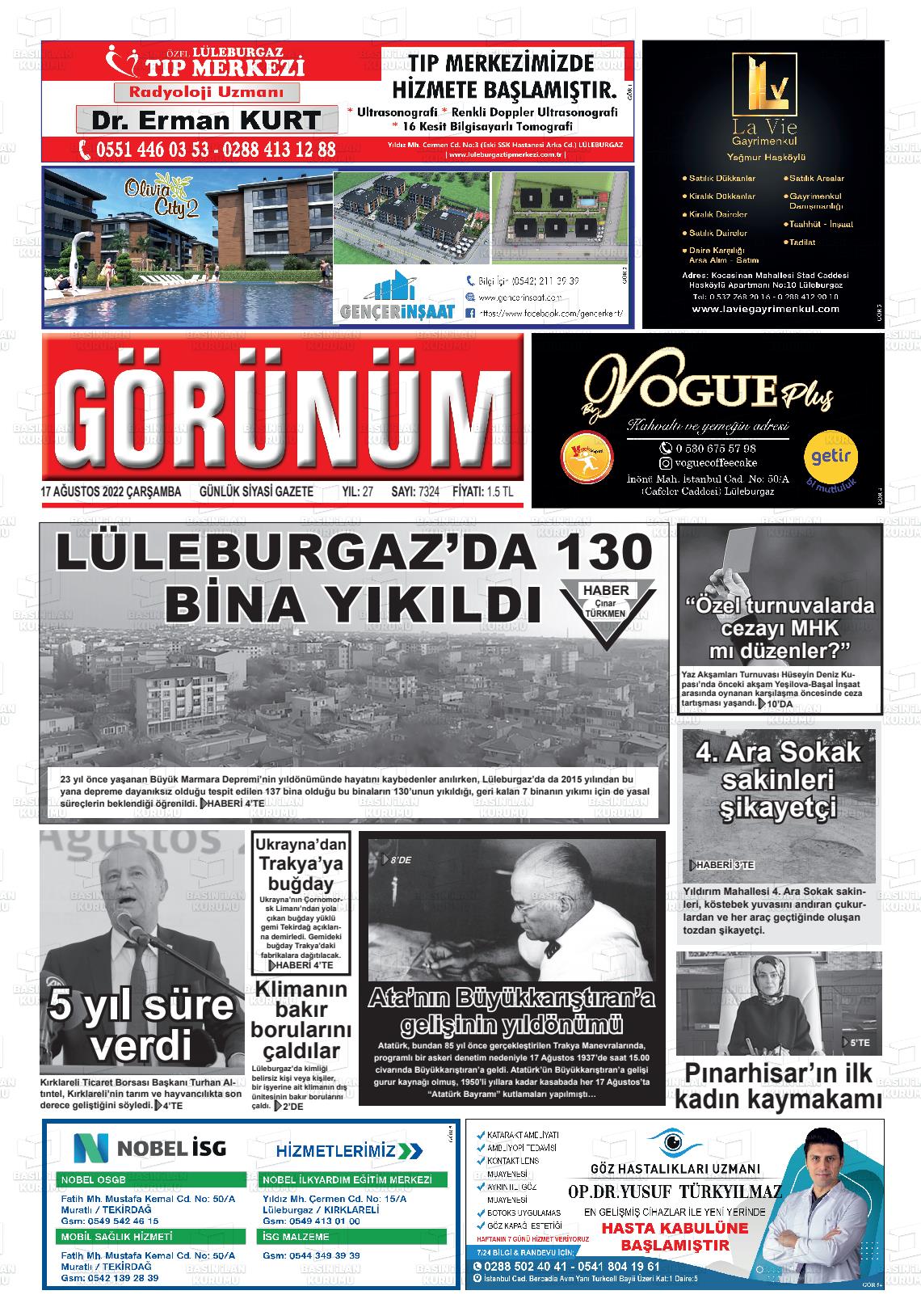17 Ağustos 2022 Lüleburgaz Görünüm Gazete Manşeti