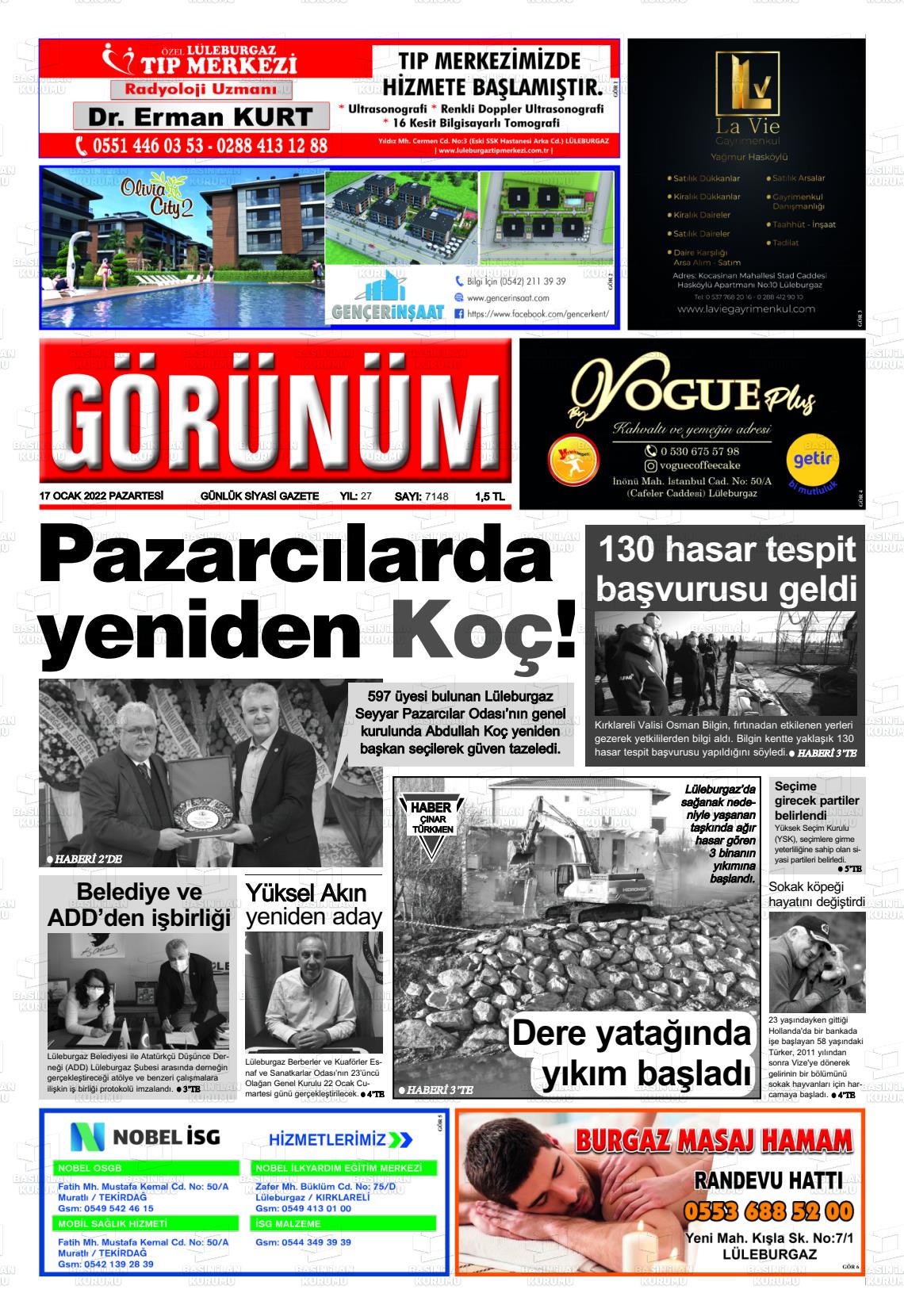 17 Ocak 2022 Lüleburgaz Görünüm Gazete Manşeti