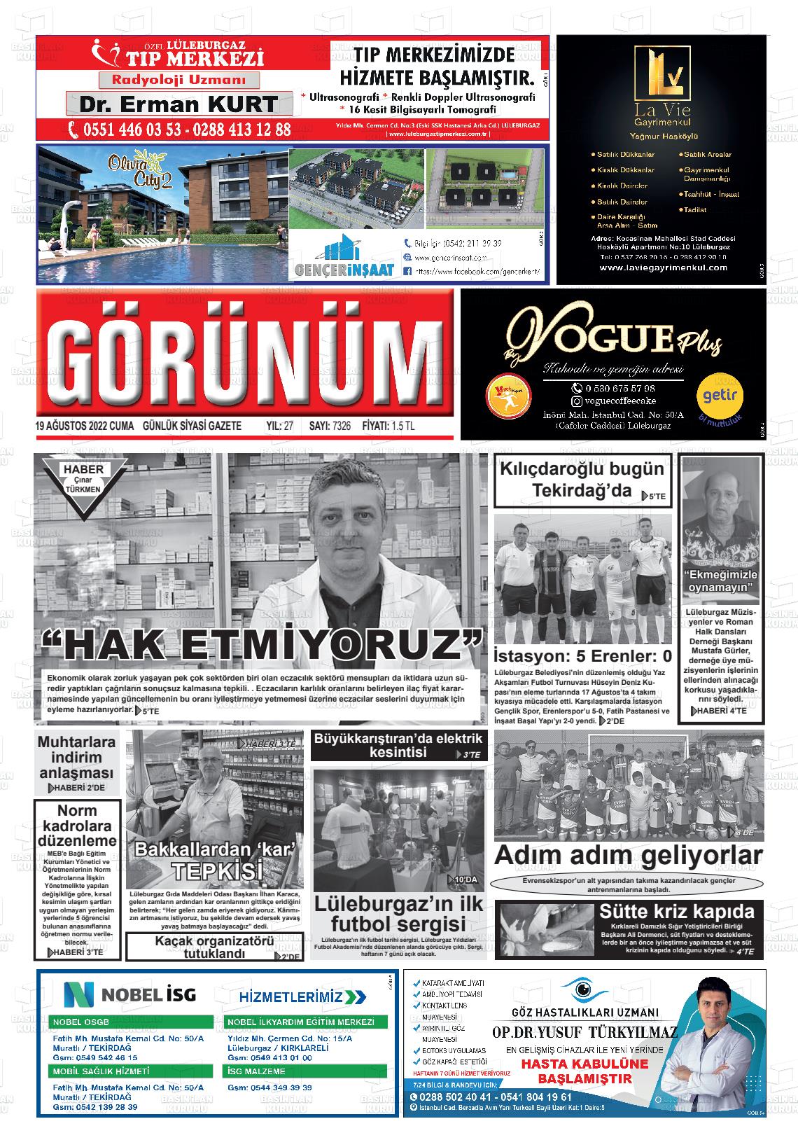 19 Ağustos 2022 Lüleburgaz Görünüm Gazete Manşeti