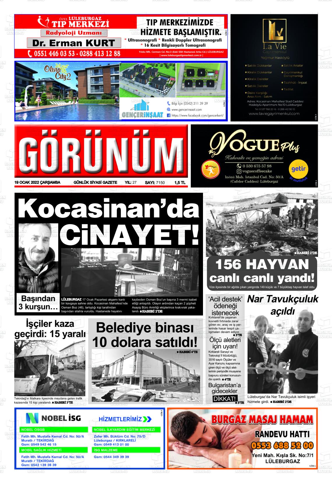 19 Ocak 2022 Lüleburgaz Görünüm Gazete Manşeti
