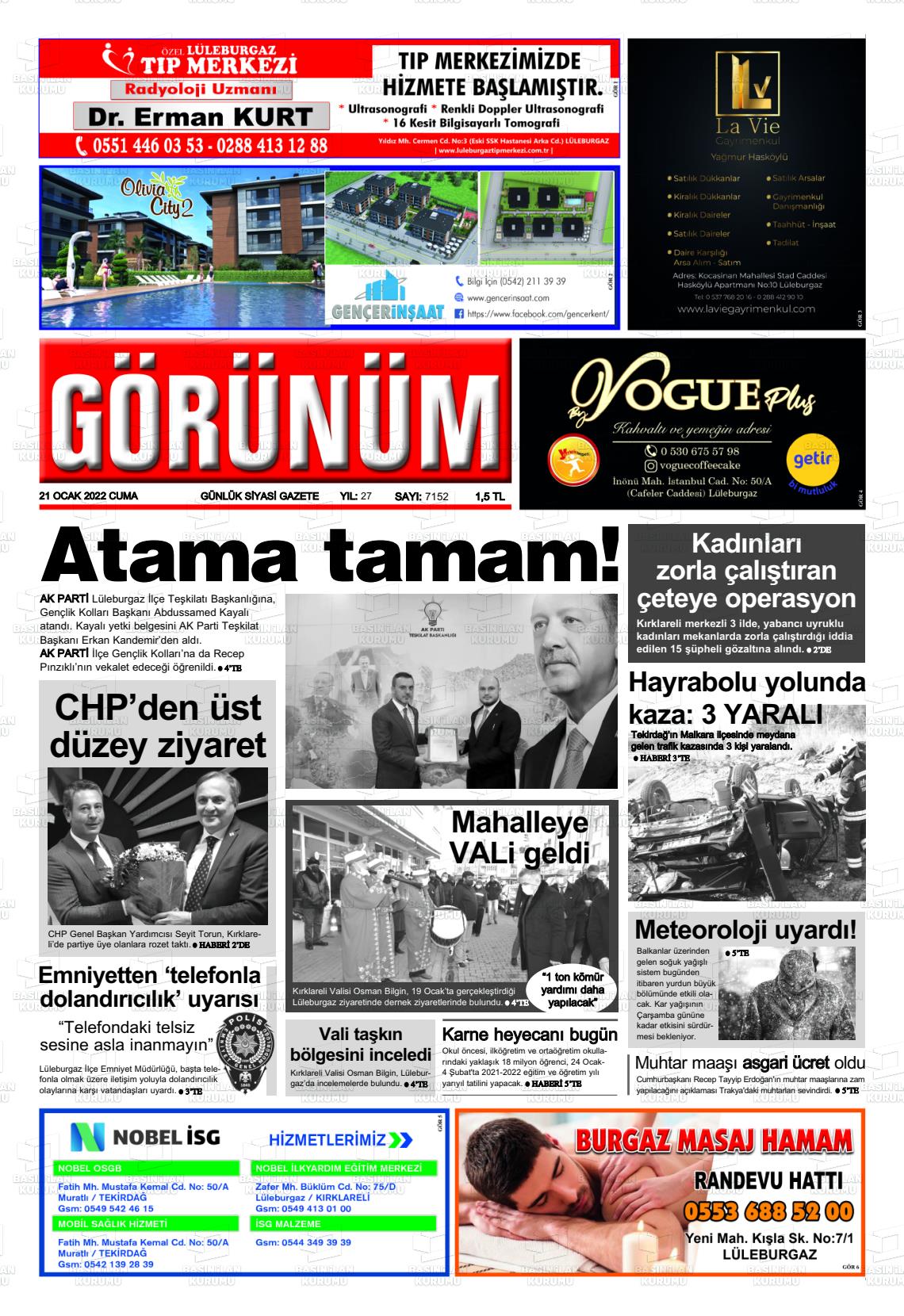 21 Ocak 2022 Lüleburgaz Görünüm Gazete Manşeti