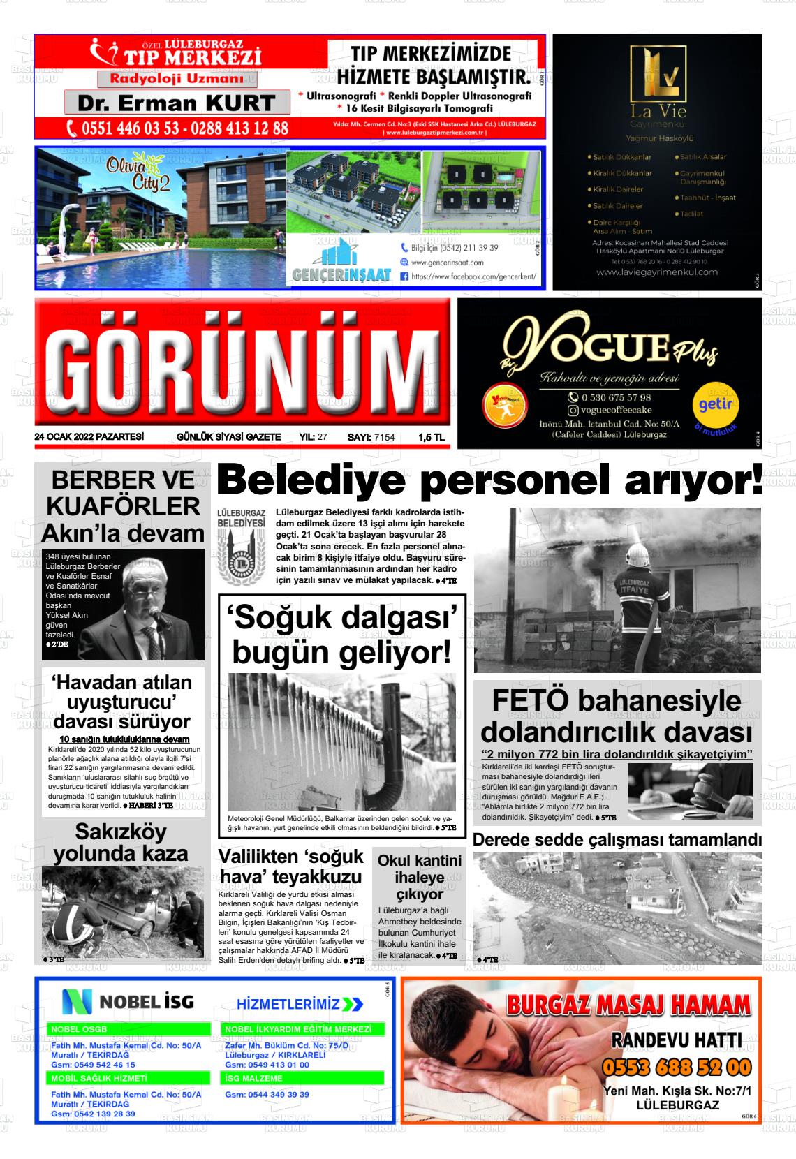 24 Ocak 2022 Lüleburgaz Görünüm Gazete Manşeti
