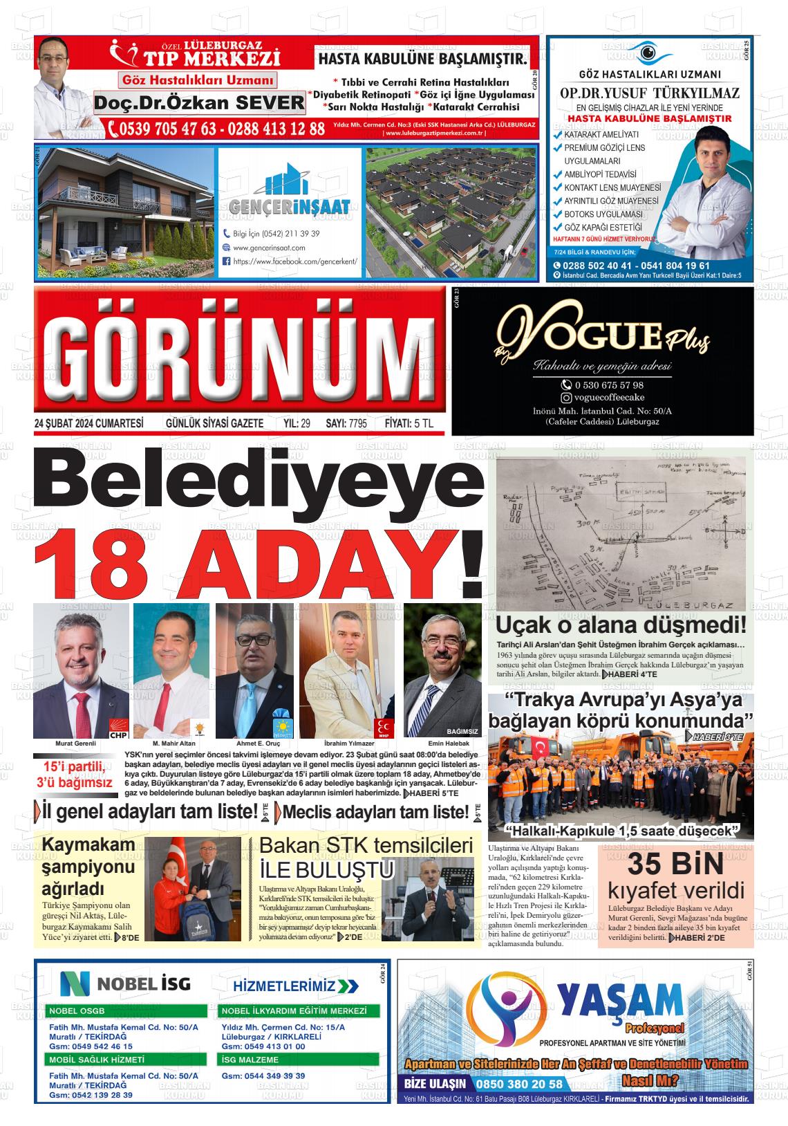 25 Şubat 2024 Lüleburgaz Görünüm Gazete Manşeti