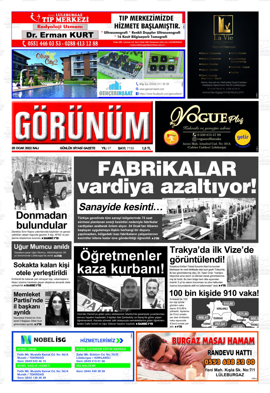 25 Ocak 2022 Lüleburgaz Görünüm Gazete Manşeti