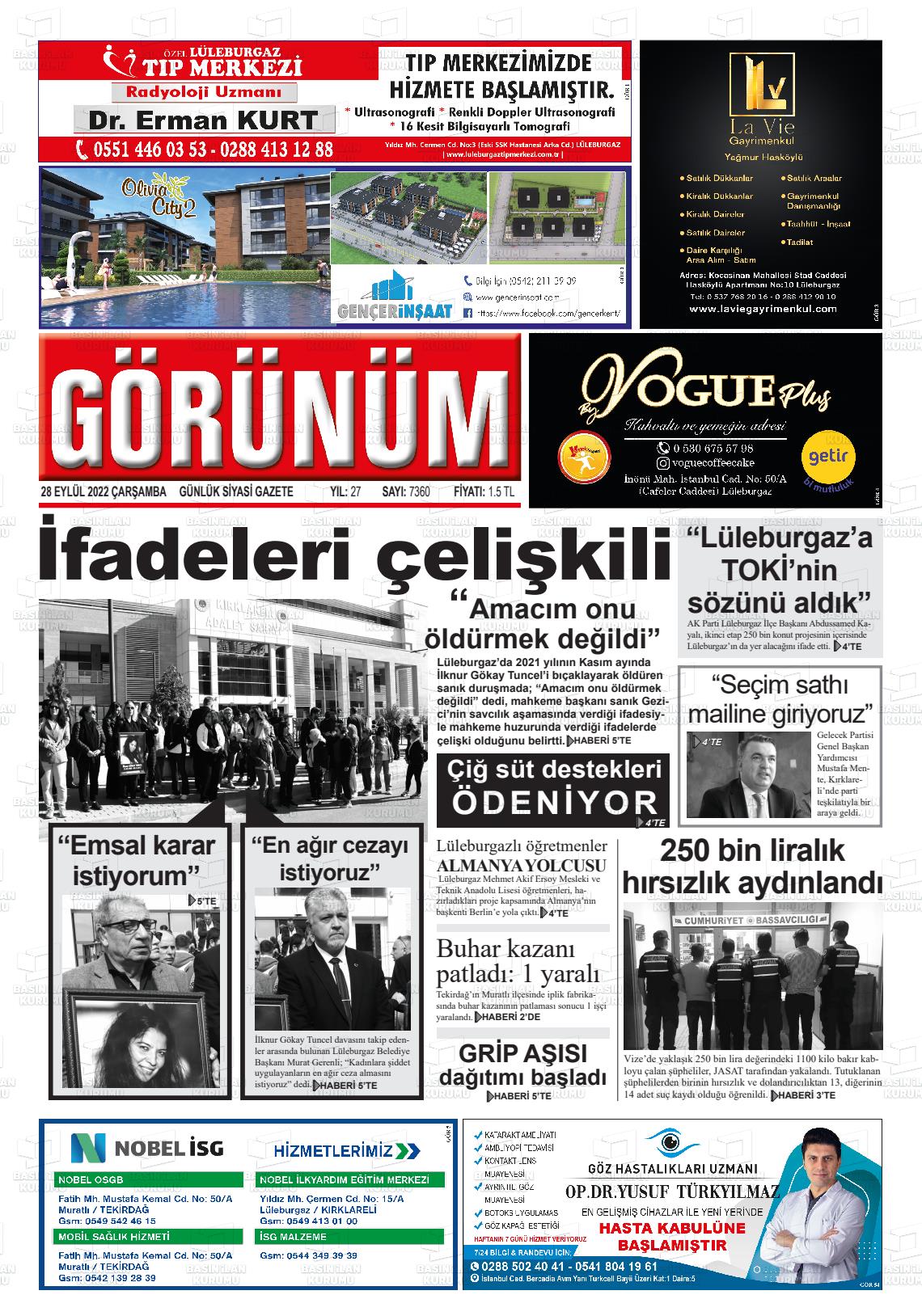 28 Eylül 2022 Lüleburgaz Görünüm Gazete Manşeti