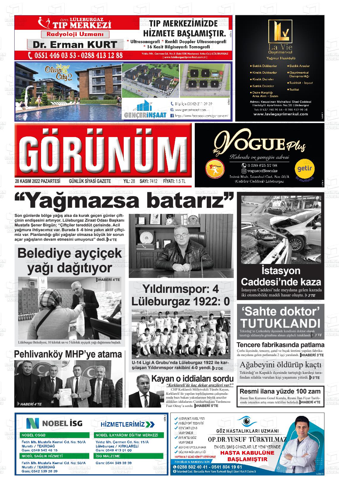 28 Kasım 2022 Lüleburgaz Görünüm Gazete Manşeti
