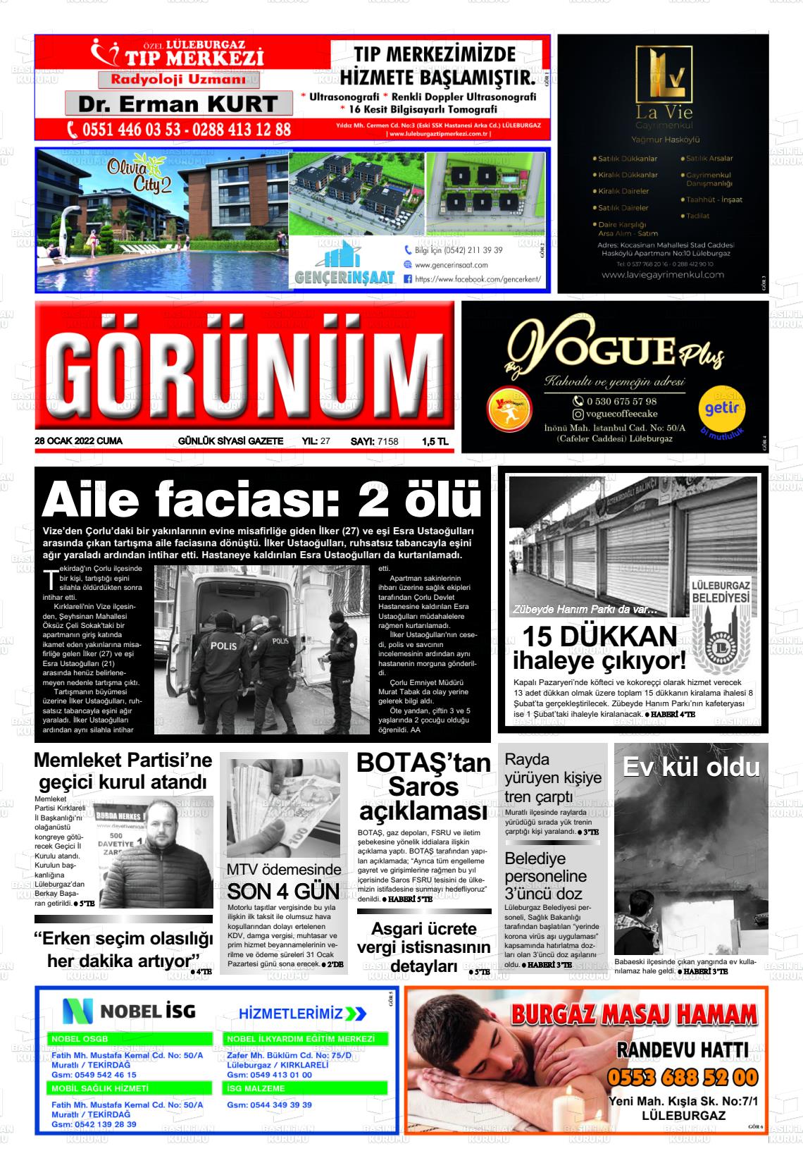 28 Ocak 2022 Lüleburgaz Görünüm Gazete Manşeti