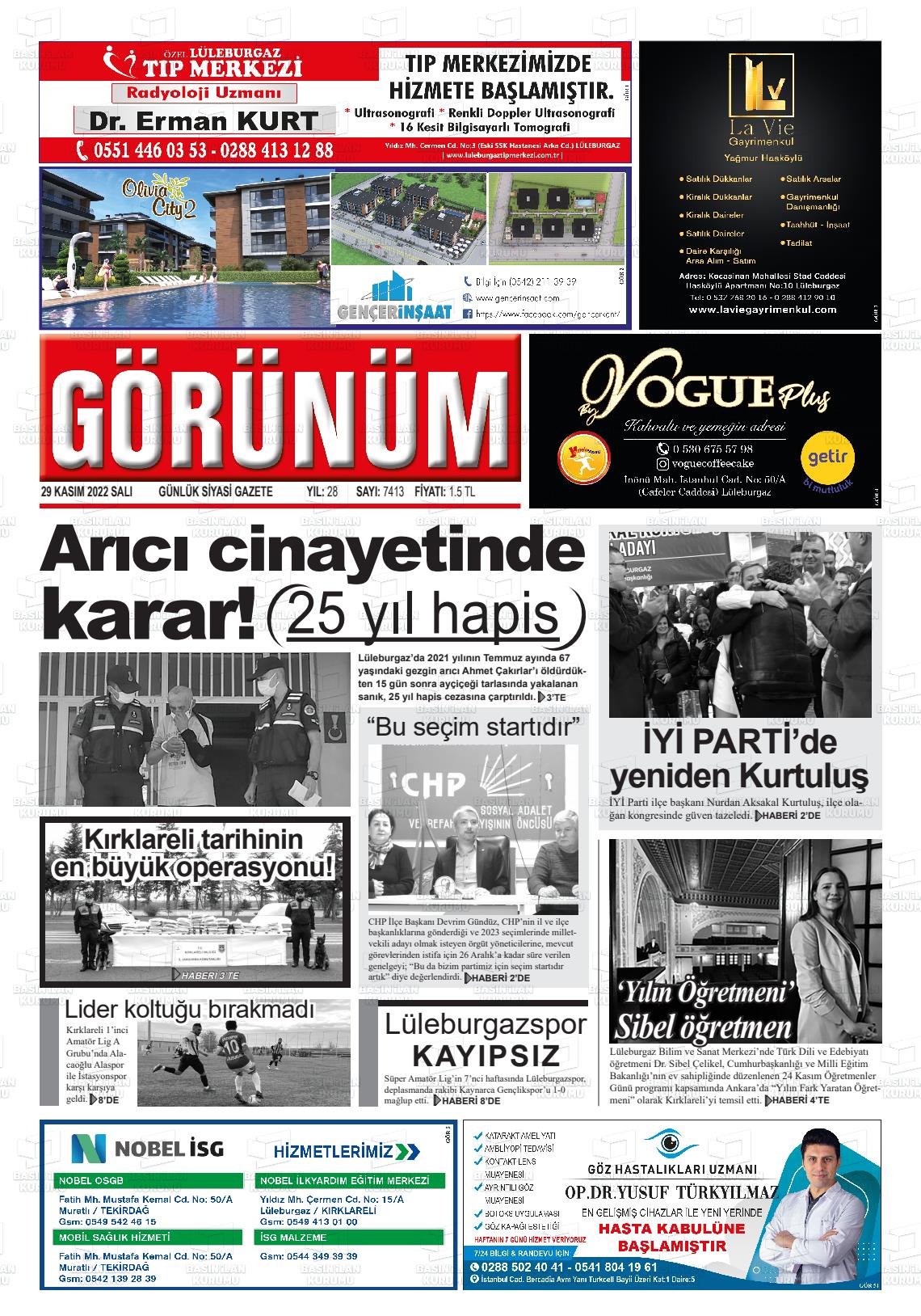 29 Kasım 2022 Lüleburgaz Görünüm Gazete Manşeti