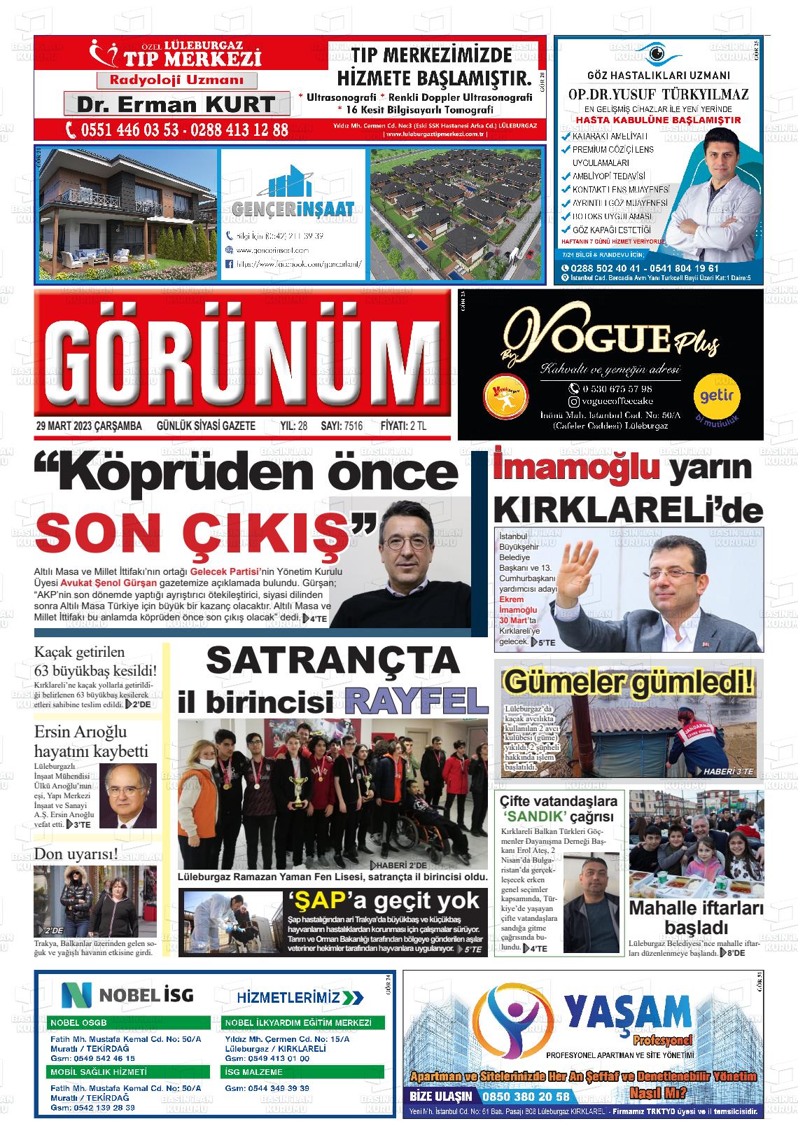 29 Mart 2023 Lüleburgaz Görünüm Gazete Manşeti