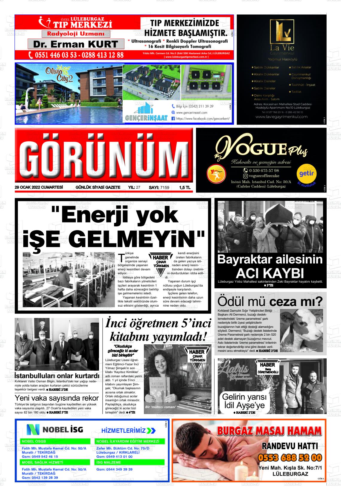 29 Ocak 2022 Lüleburgaz Görünüm Gazete Manşeti
