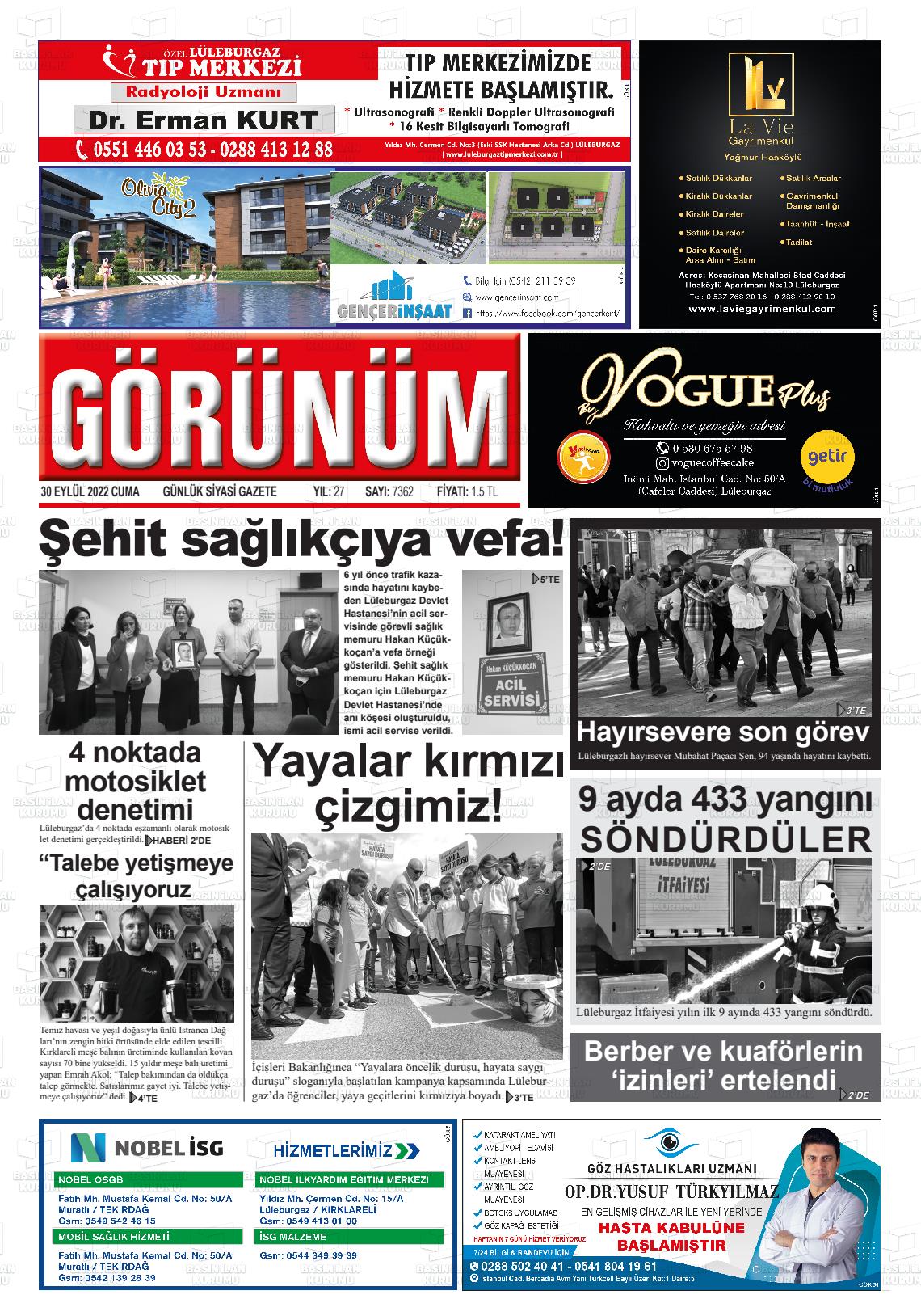 30 Eylül 2022 Lüleburgaz Görünüm Gazete Manşeti