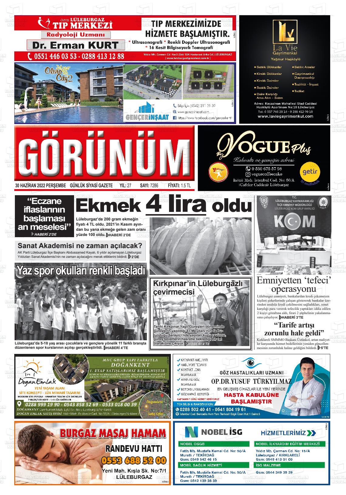 02 Temmuz 2022 Lüleburgaz Görünüm Gazete Manşeti