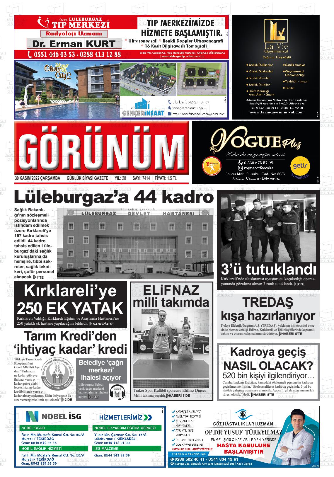 30 Kasım 2022 Lüleburgaz Görünüm Gazete Manşeti