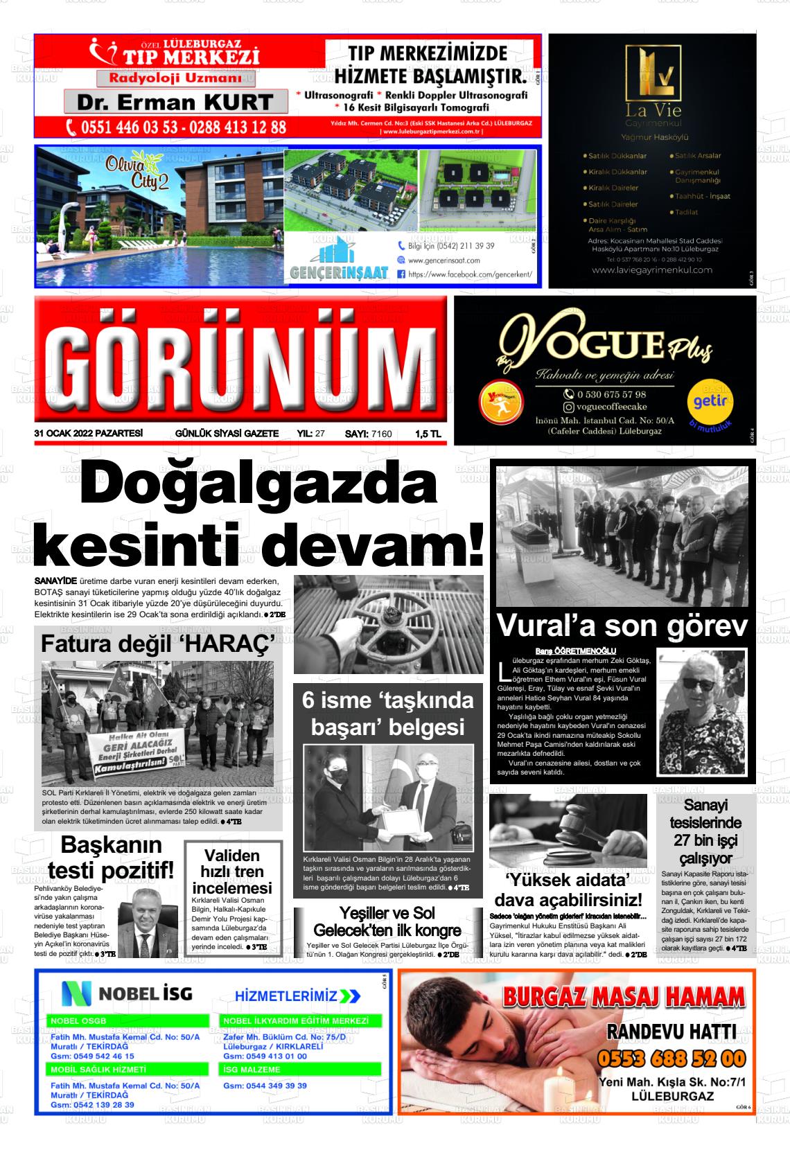 31 Ocak 2022 Lüleburgaz Görünüm Gazete Manşeti