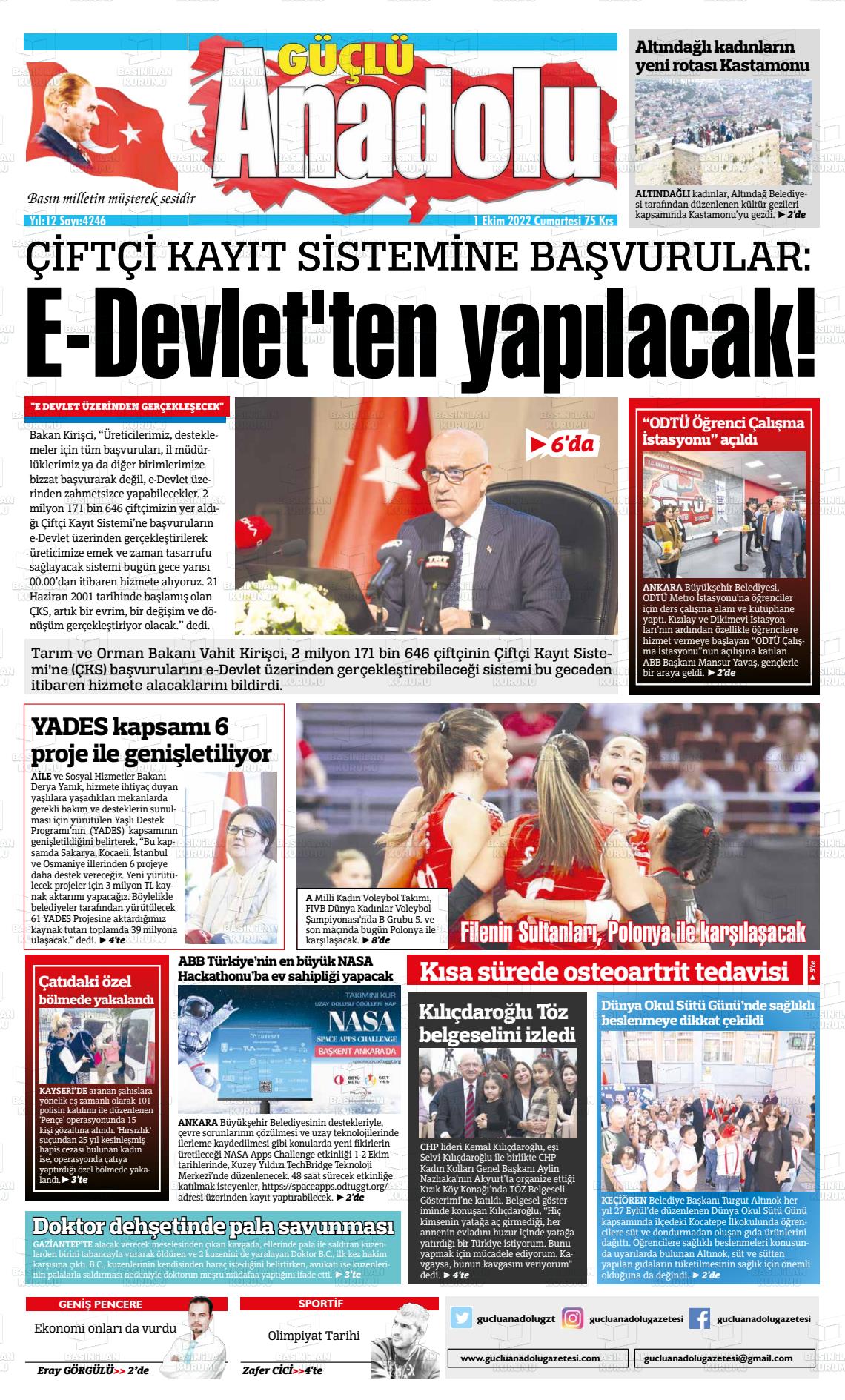 01 Ekim 2022 Güçlü Anadolu Gazete Manşeti