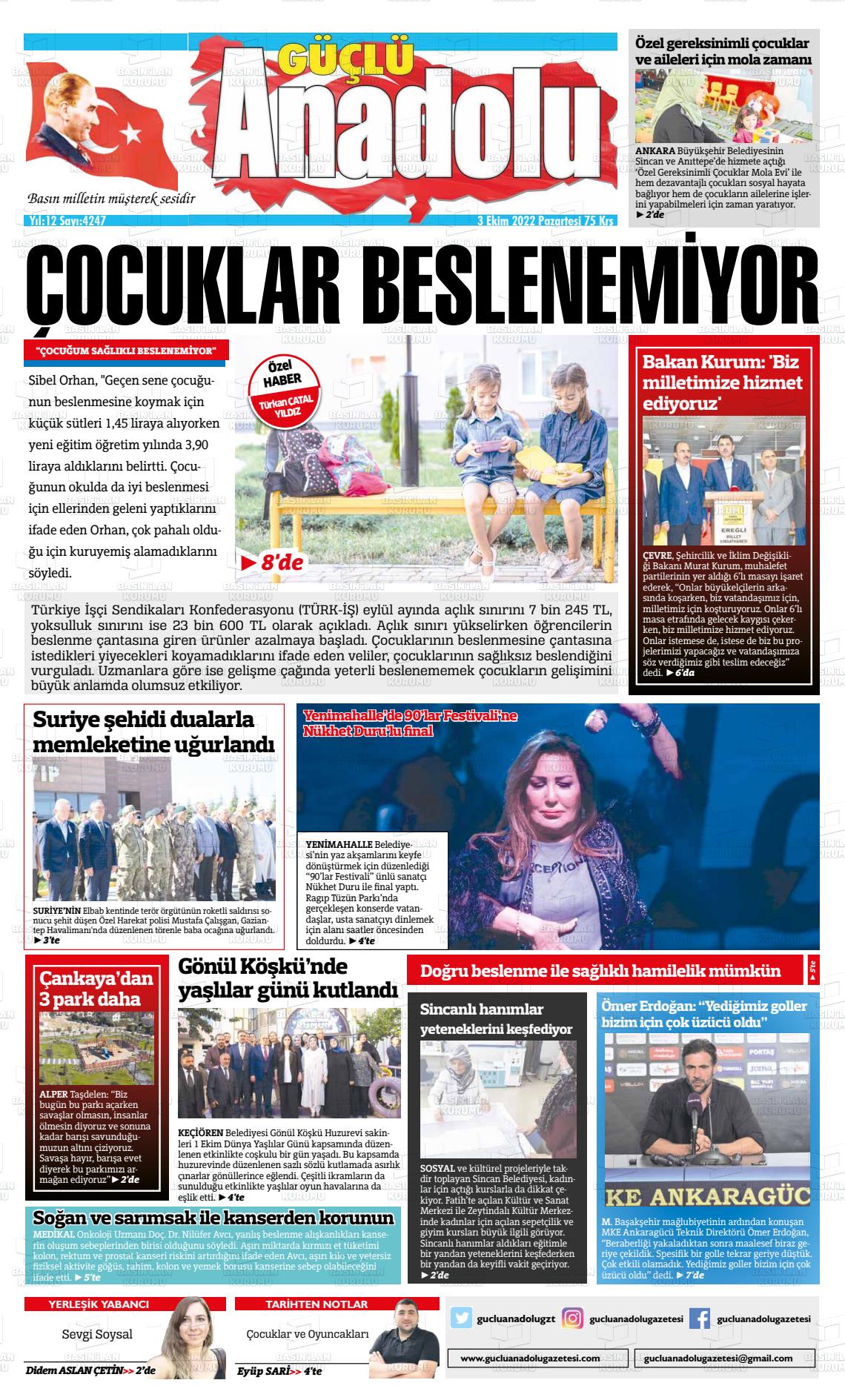 03 Ekim 2022 Güçlü Anadolu Gazete Manşeti