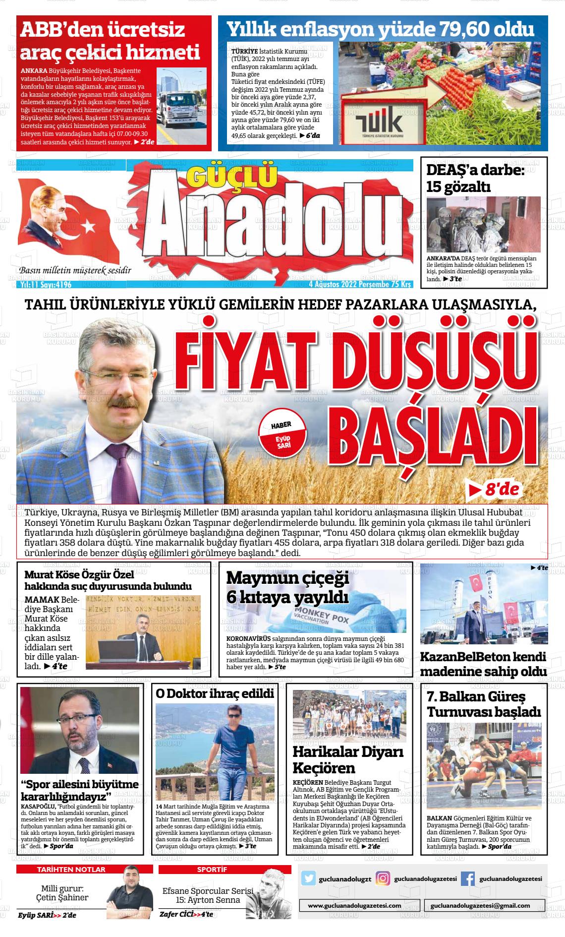 04 Ağustos 2022 Güçlü Anadolu Gazete Manşeti