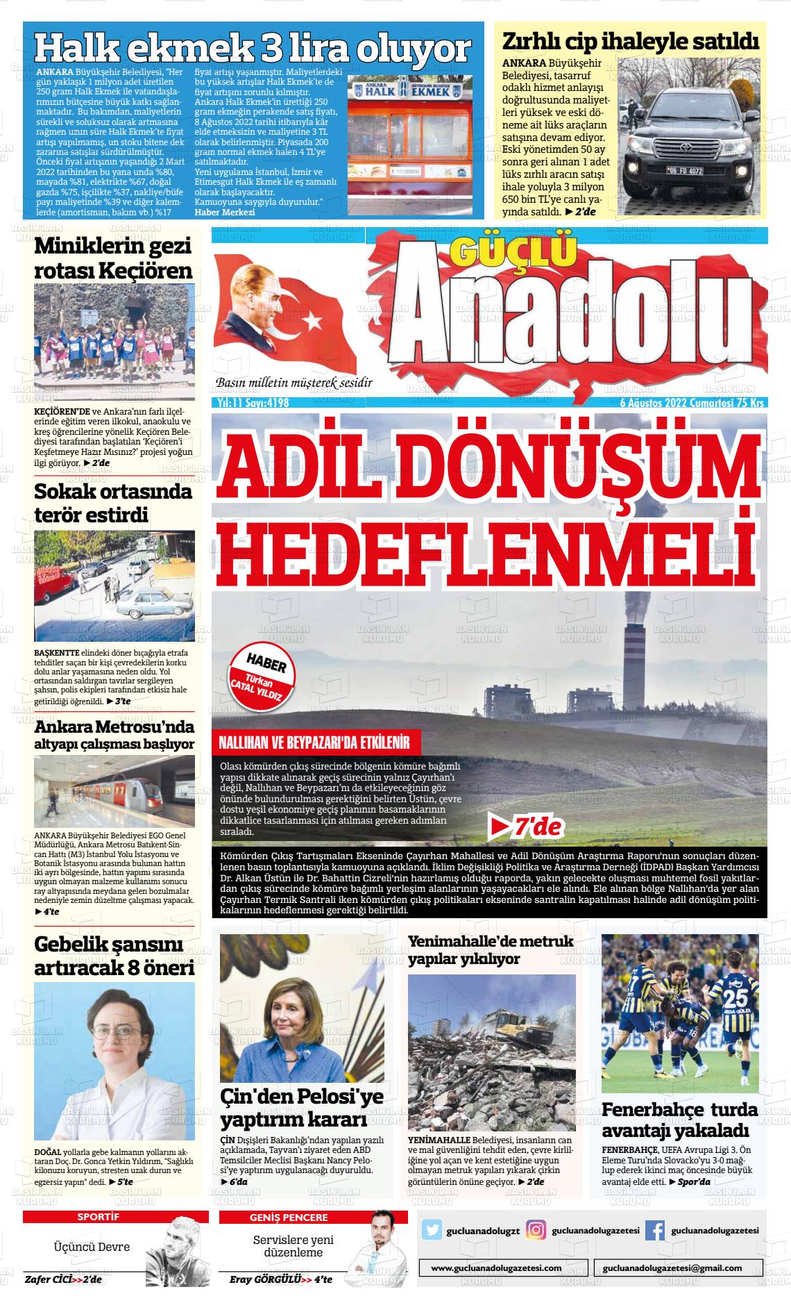 06 Ağustos 2022 Güçlü Anadolu Gazete Manşeti