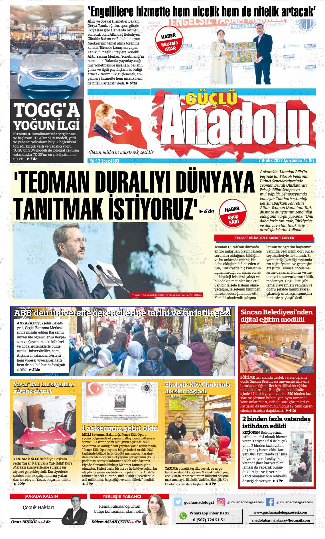 07 Aralık 2022 Güçlü Anadolu Gazete Manşeti