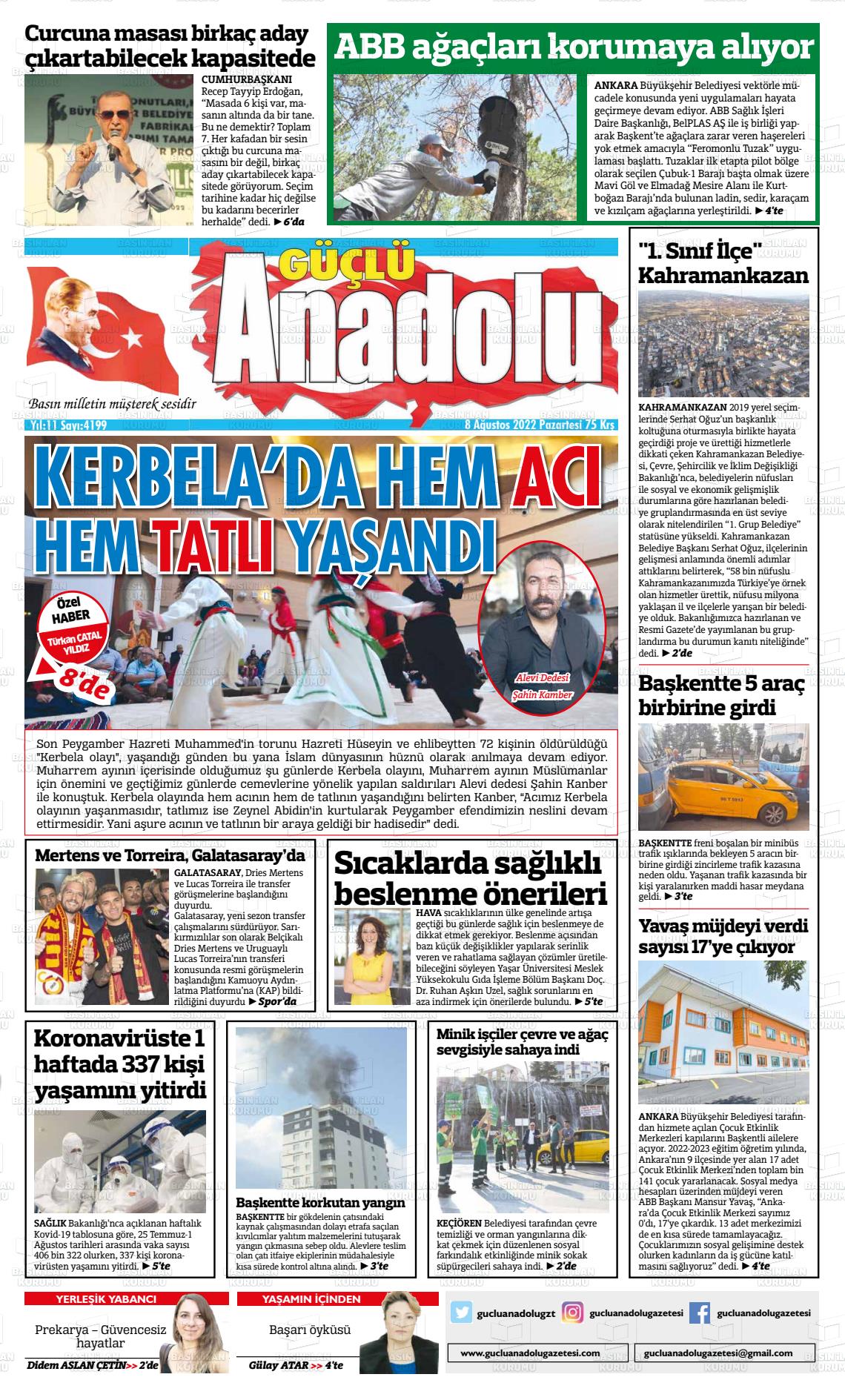 08 Ağustos 2022 Güçlü Anadolu Gazete Manşeti