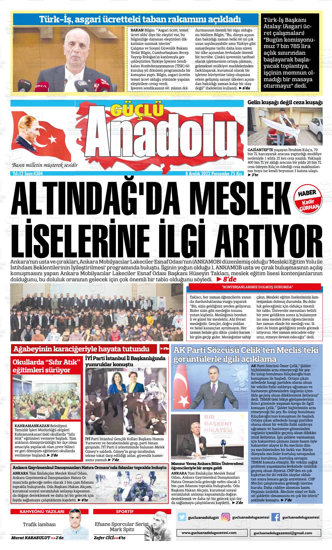 08 Aralık 2022 Güçlü Anadolu Gazete Manşeti