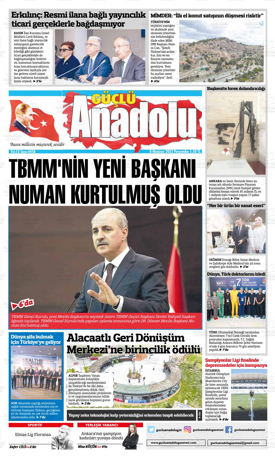 08 Haziran 2023 Güçlü Anadolu Gazete Manşeti