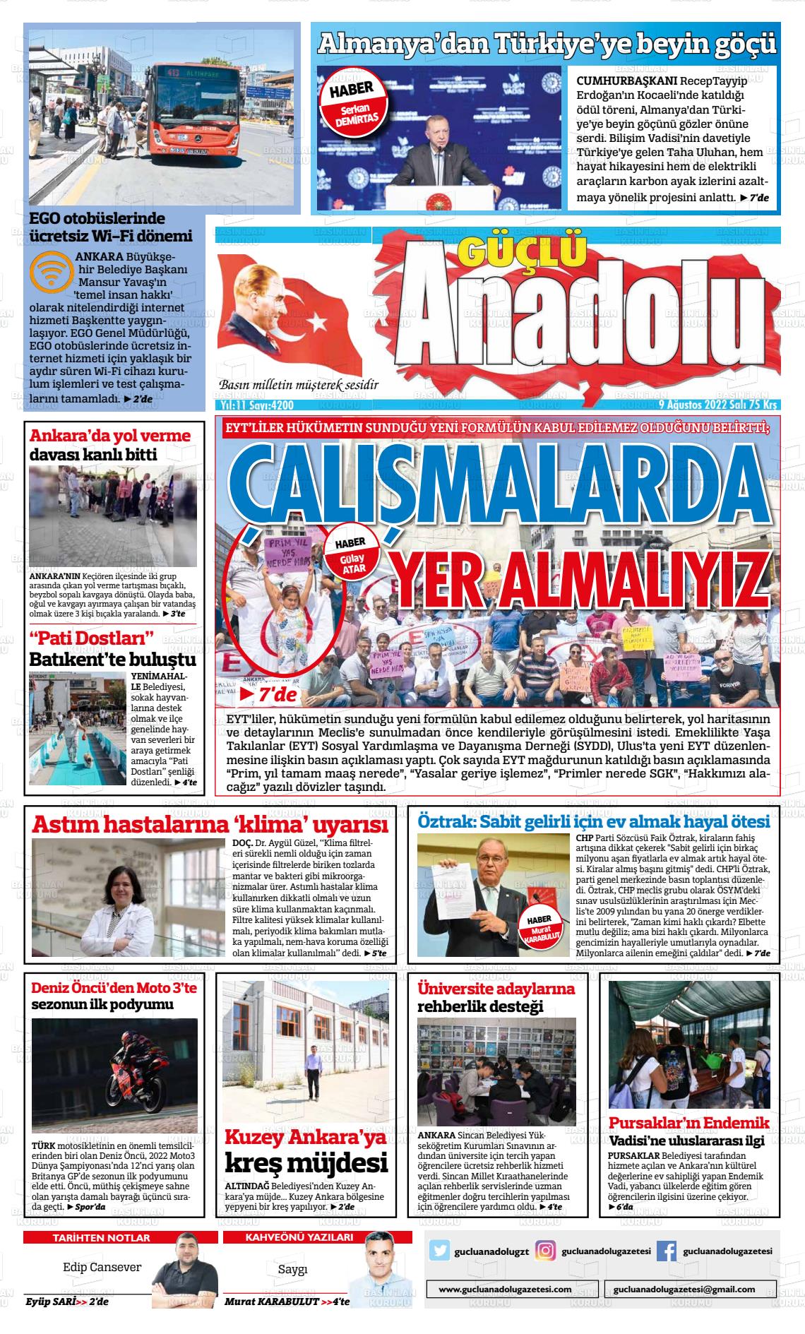 09 Ağustos 2022 Güçlü Anadolu Gazete Manşeti