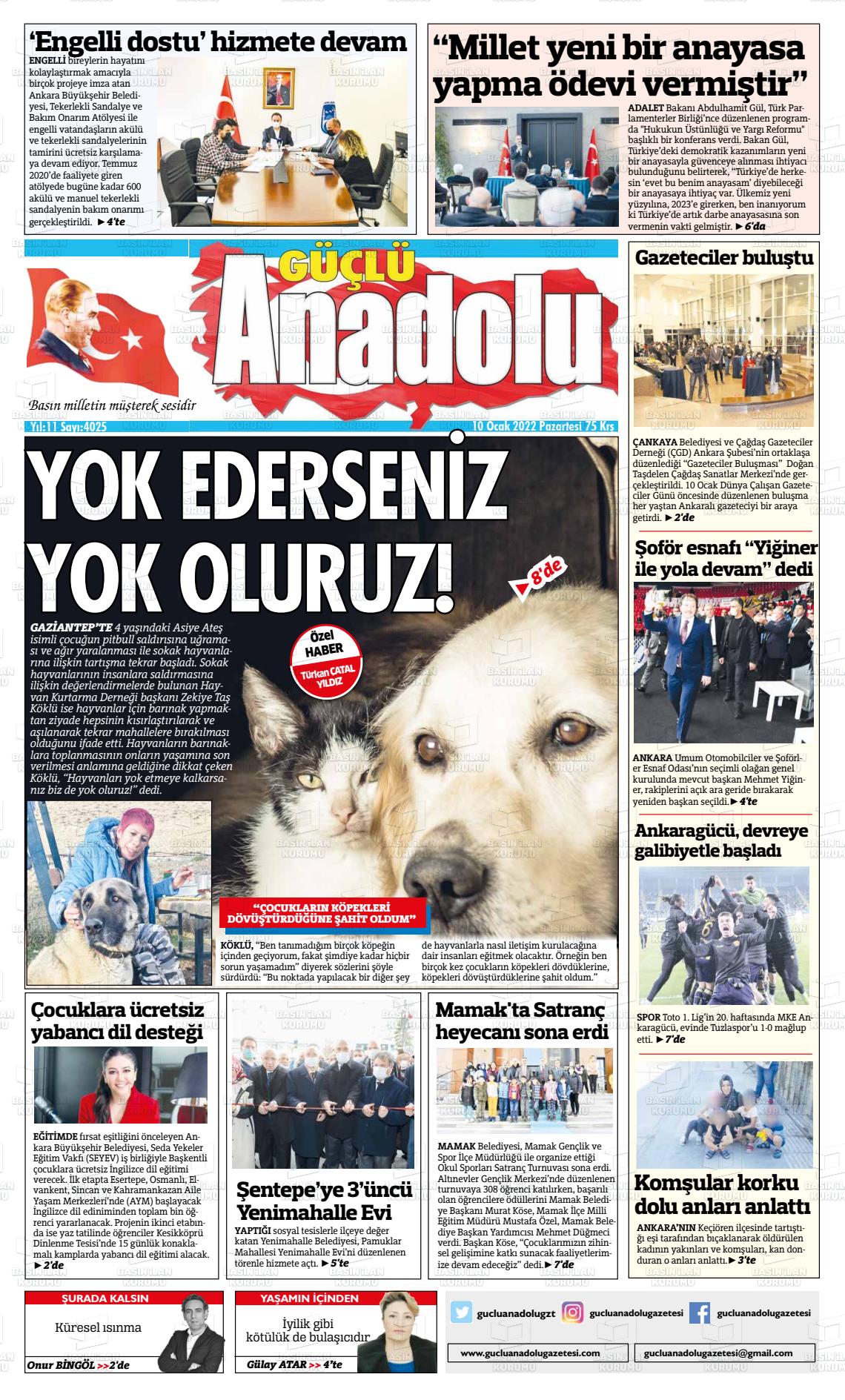 10 Ocak 2022 Güçlü Anadolu Gazete Manşeti