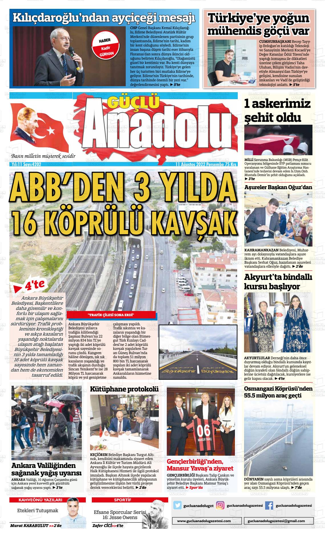11 Ağustos 2022 Güçlü Anadolu Gazete Manşeti