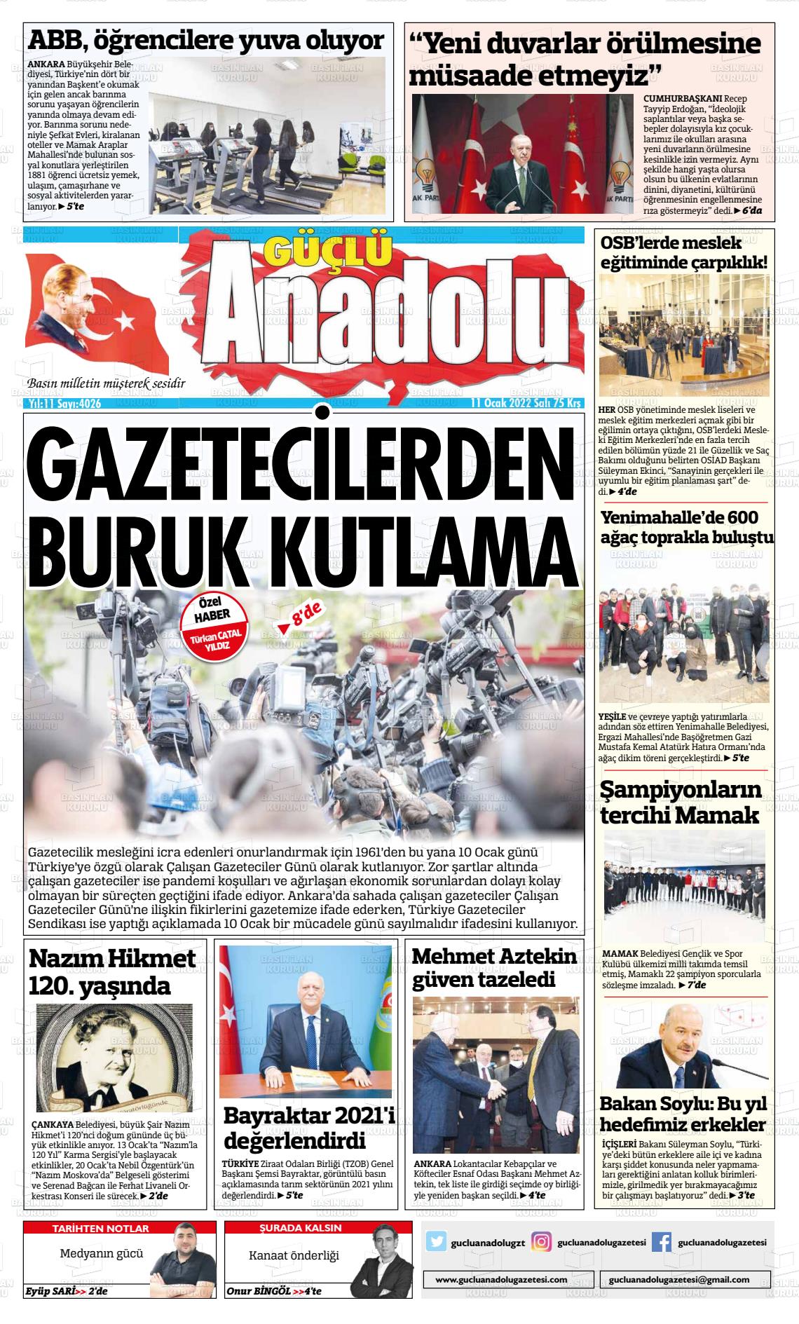 11 Ocak 2022 Güçlü Anadolu Gazete Manşeti