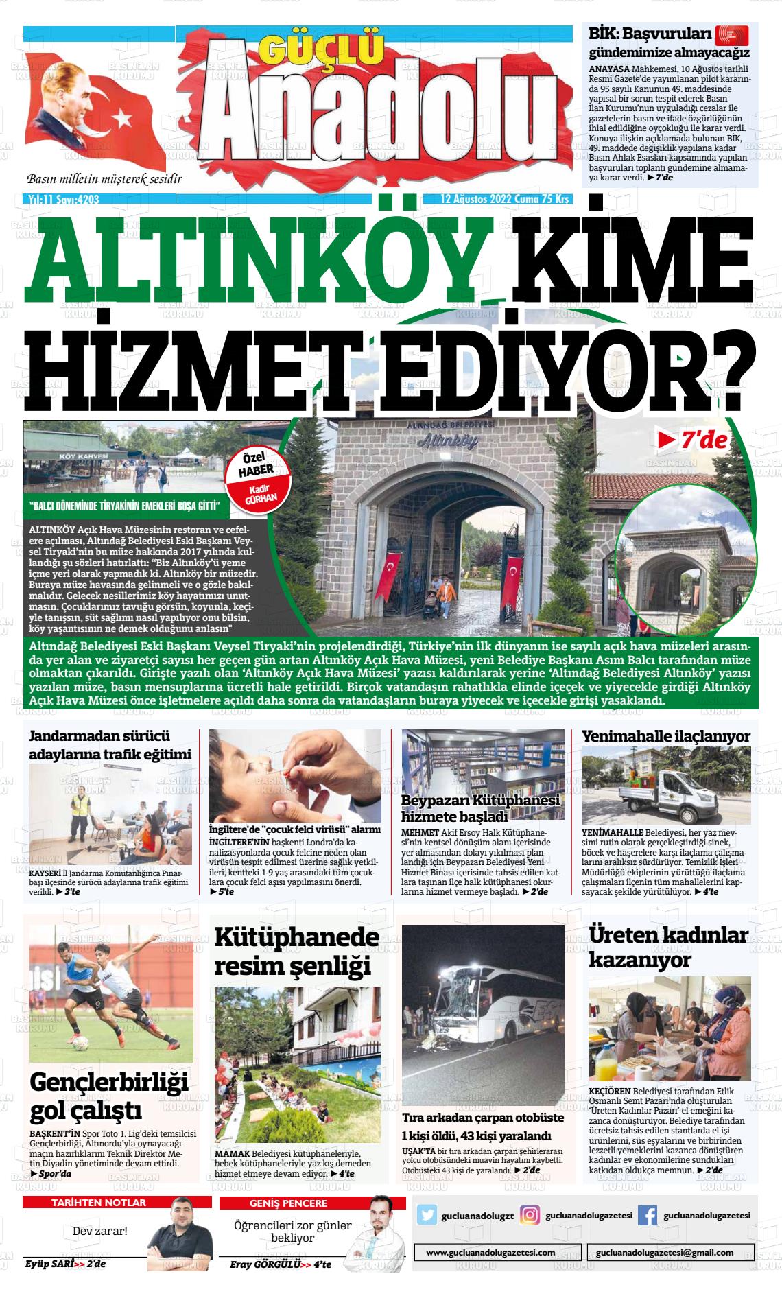 12 Ağustos 2022 Güçlü Anadolu Gazete Manşeti