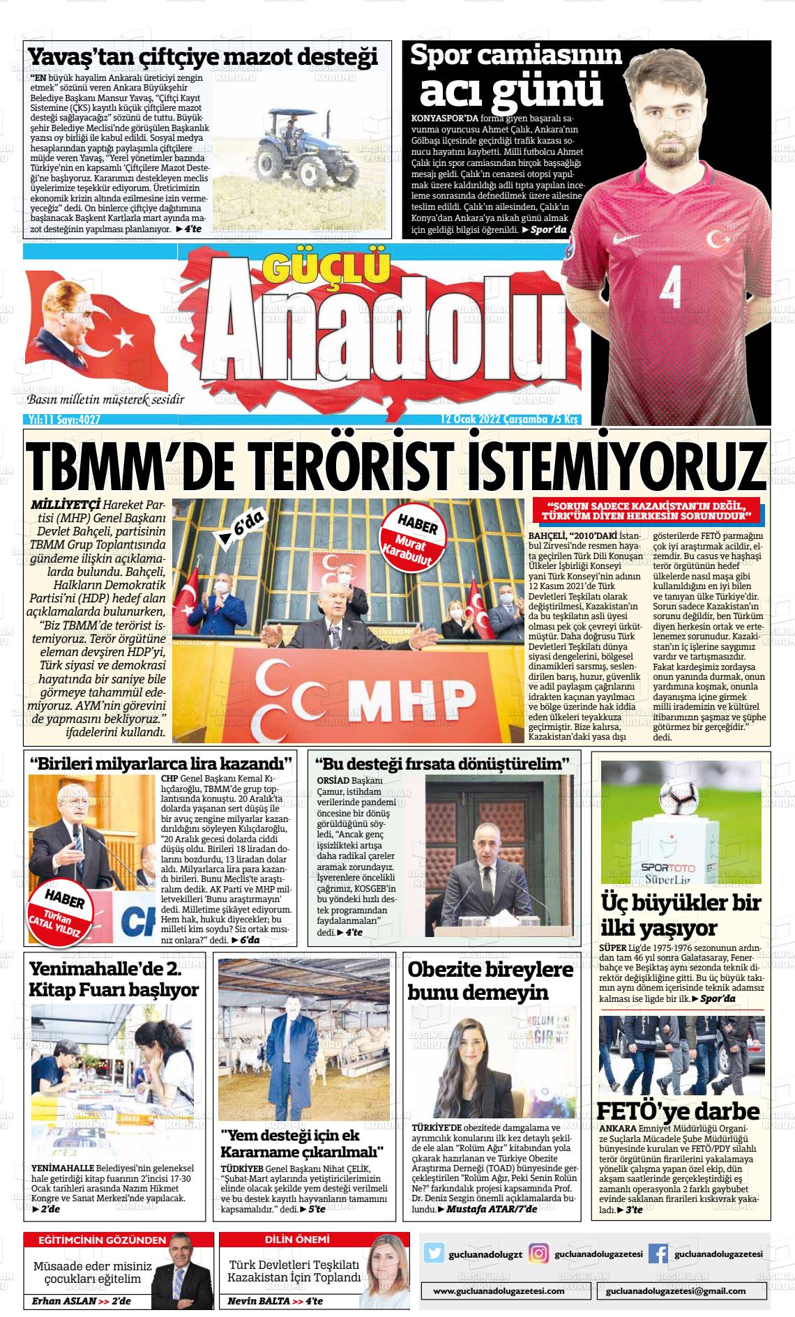 12 Ocak 2022 Güçlü Anadolu Gazete Manşeti